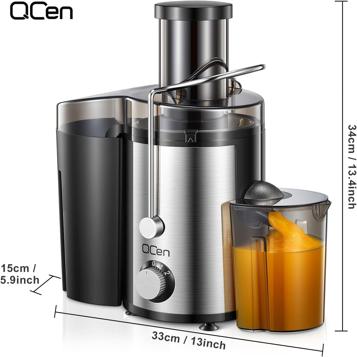 Qcen Juicer Machine, 800W Centrifugal Juicer Extractor with Wide Mouth 3” Feed Chute for Fruit Vegetable, Easy to Clean, Stainless Steel, BPA-free (Black)