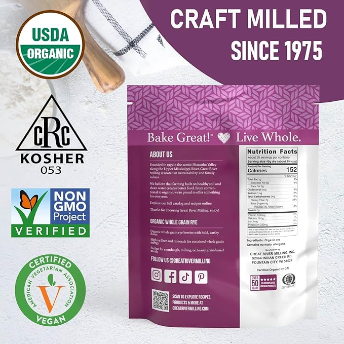 Great River Organic Milling Organic Whole Grain Rye Berries | High-Fiber, Nutrient-Rich Ancient Grain | Non-GMO, Kosher | Ideal for Baking, Sourdough, Salads, Pilaf & Soups | 2 Lb