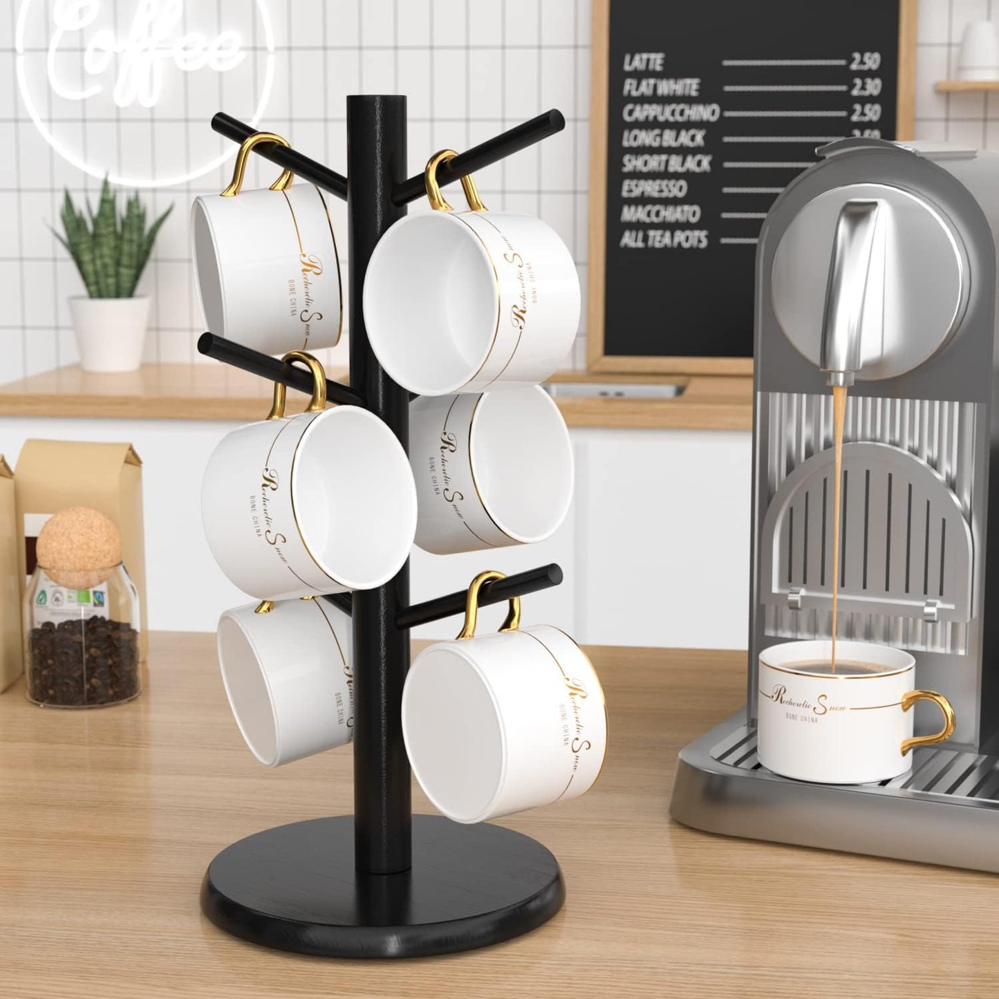Wisuce Black Coffee Mug Tree Bamboo Mug Holder Coffee Cup Stand Mug Holders for Countertop Coffee Mu