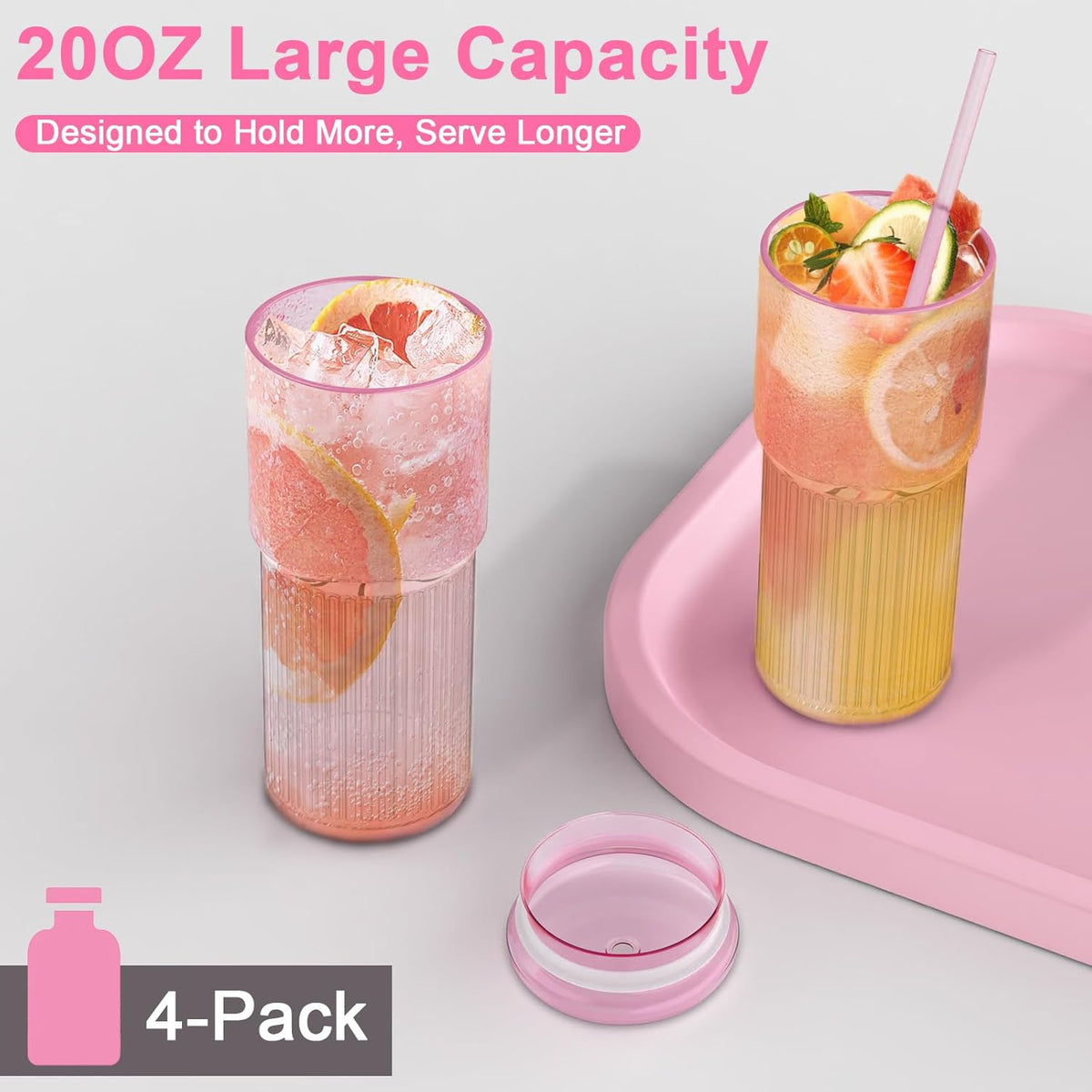 20oz Glass Cups with Lids and Straws - Set of 4 Reusable Tumblers, Thickened Shatter-Resistant Glass, Ideal for Iced Coffee, Smoothies, Cocktails, Juices - Elegant & Durable Drinkware (Pink)