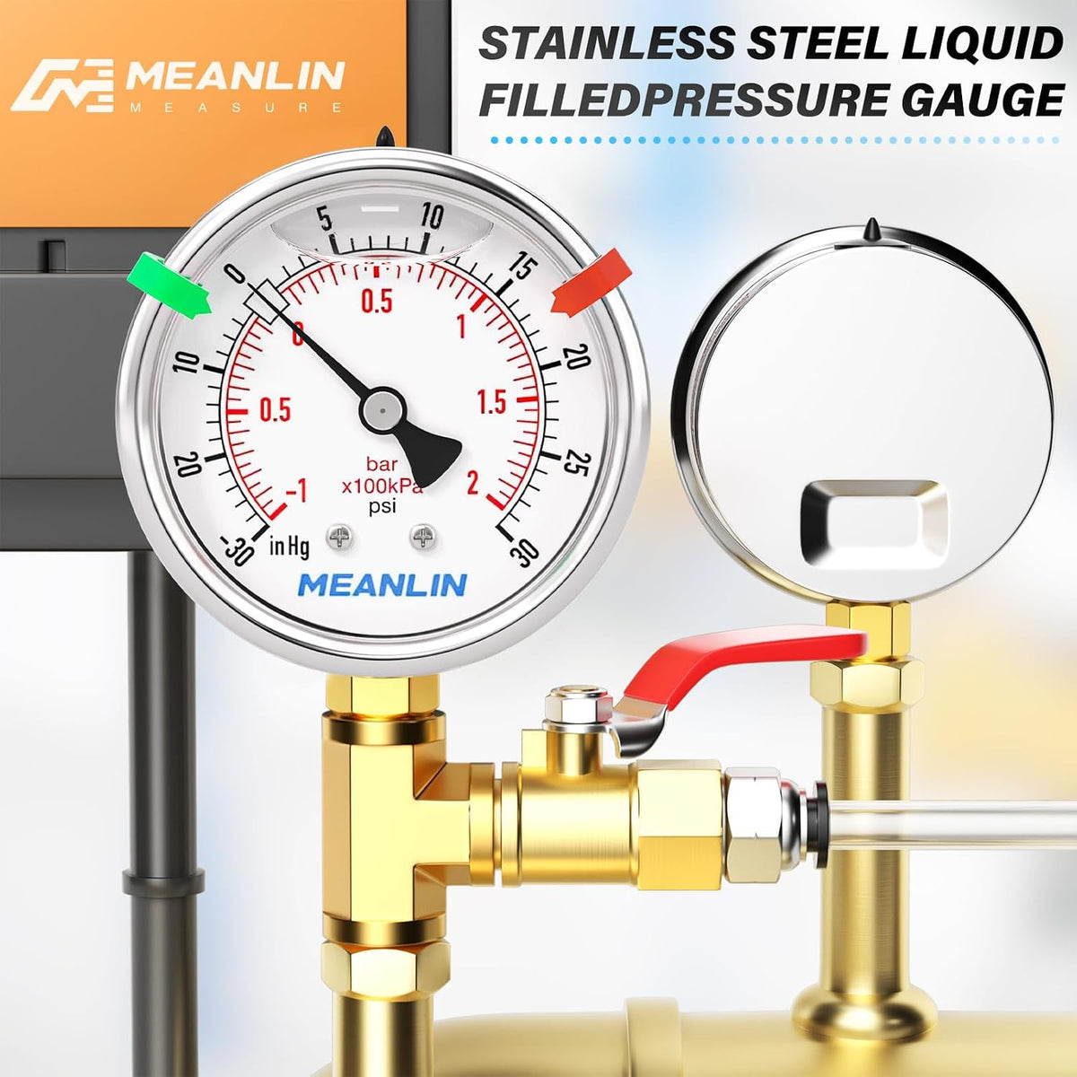 MEANLIN MEASURE -30inHG~30Psi Vacuum Pressure Gauge 1/8" NPT 2.5" FACE DIAL, Stainless Steel Liquid Filled Pressure Gauge WOG Water Oil Air Lower Mount (with 2PCS Snaps)