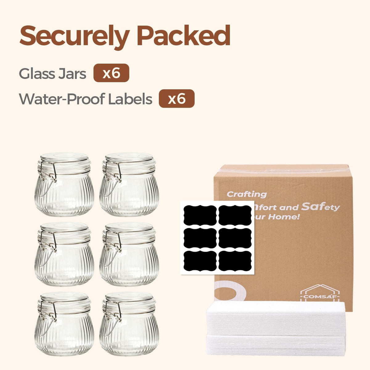 ComSaf Ribbed Glass Jars with Airtight Lids 17oz 6 Pack Wide Mouth Pickling