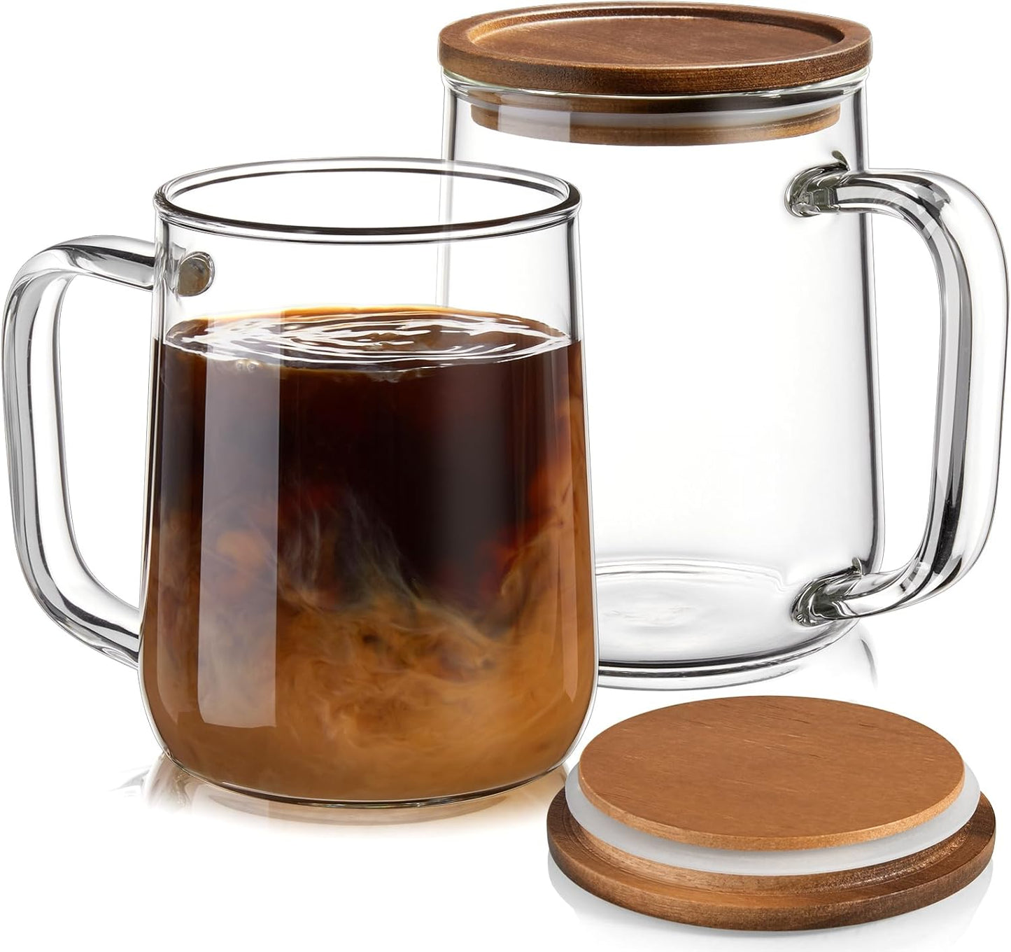Glass Coffee Mugs, 16 oz Glass Coffee Cups with Acacia Wood Lids, Clear Borosilicate Glass Mugs with