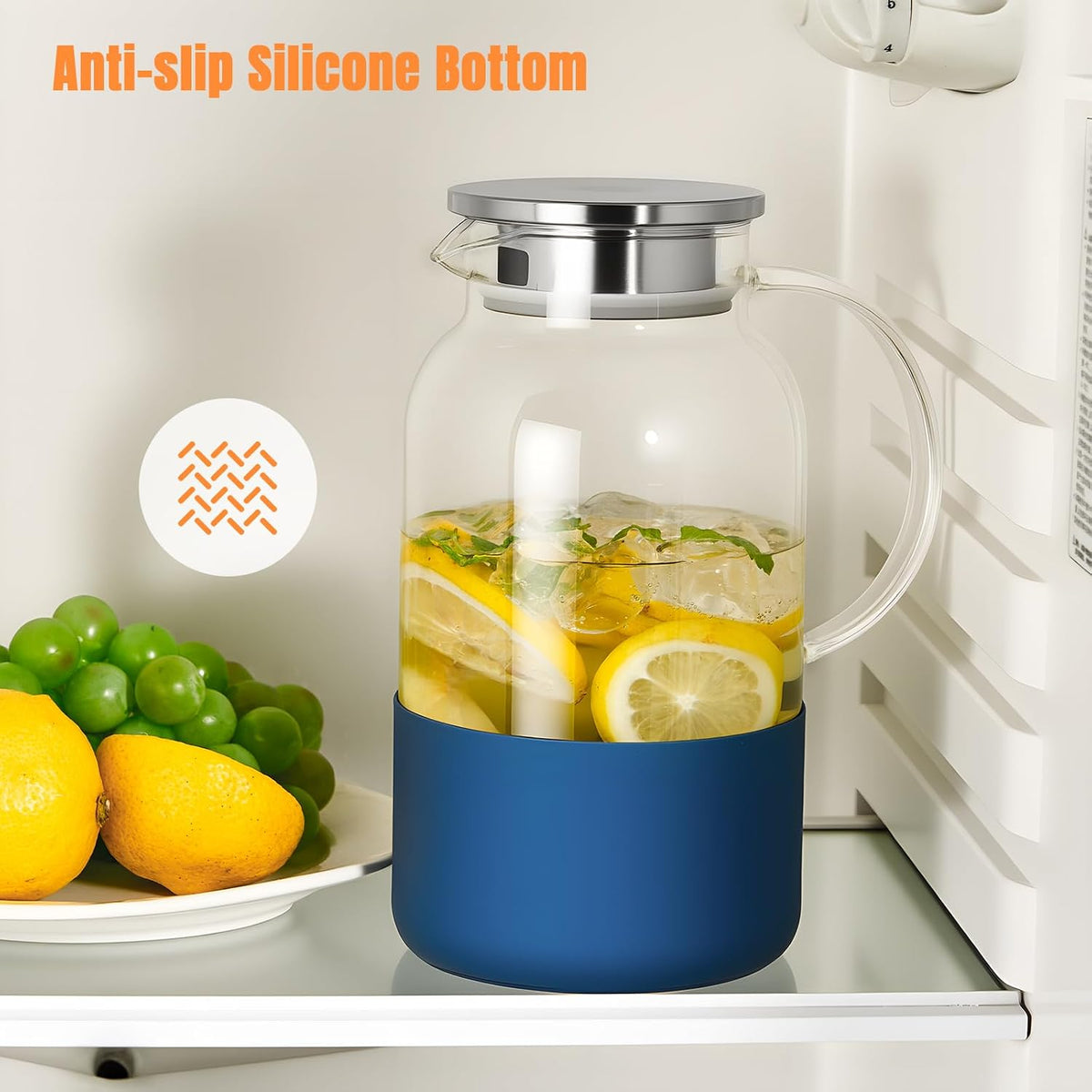 PARACITY Glass Pitcher with Lid, 61oz Water Jug Handle, Blue Silicone Base | Borosilicate carafe has dual pour ports, wide mouth and removable silicone sleeve for hot or cold juice, milk and iced tea