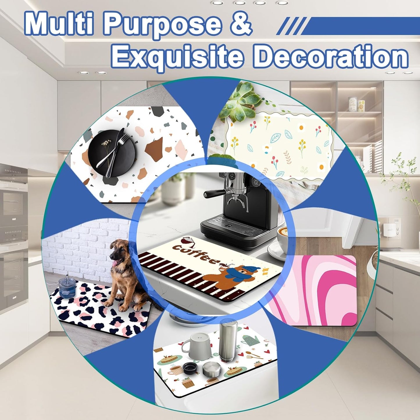 Coffee Bar Mat for Espresso Machine, 12" X 20" Absorbent Dish Drying Mat for Kitchen Counter, Quick Dry Non-Slip Waterproof and Stain-Resistant Coffee Maker Mats Better Than Stone Mats, Stars