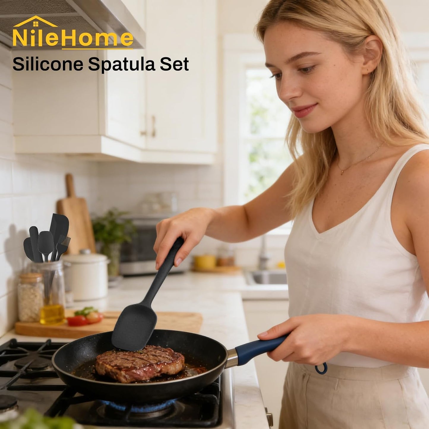 NileHome 6 Pieces Silicone Spatula Set with Silicone Brush,Mixing-Black | Food-Grade Material,Heat Resistant Up to 600°F,Dishwasher Safe,BPA-Free
