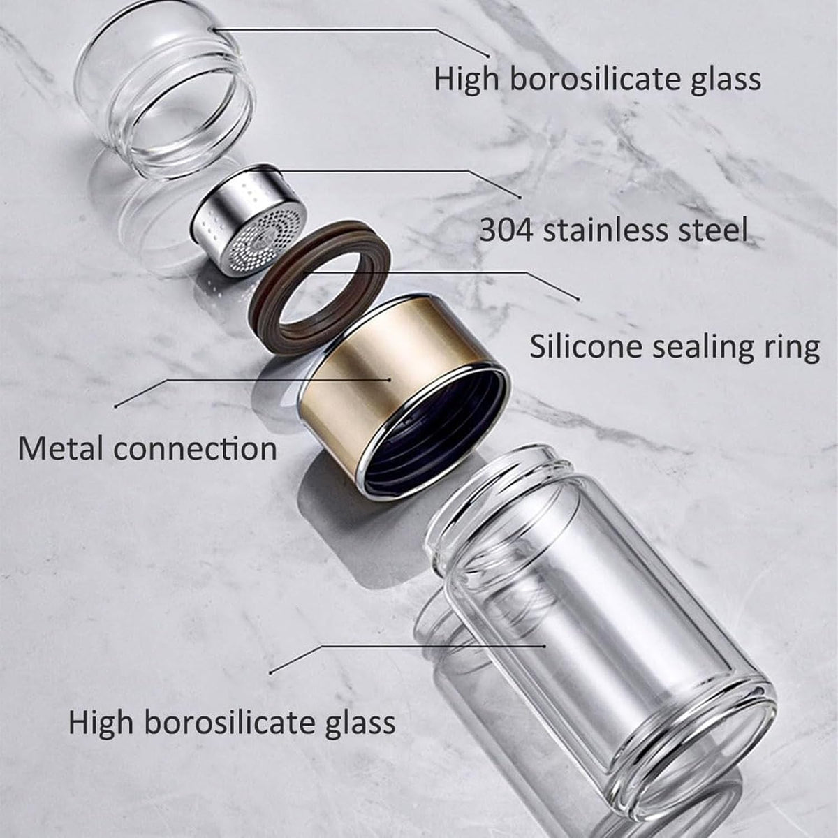 QUROXO 2025 New Glass Infuser, 3-In-1 Smart Tea Infuser with Cup Brush, Double-Layer Borosilicate Glass Tea infusers Separation Cup (Gold, 350ml (12oz))