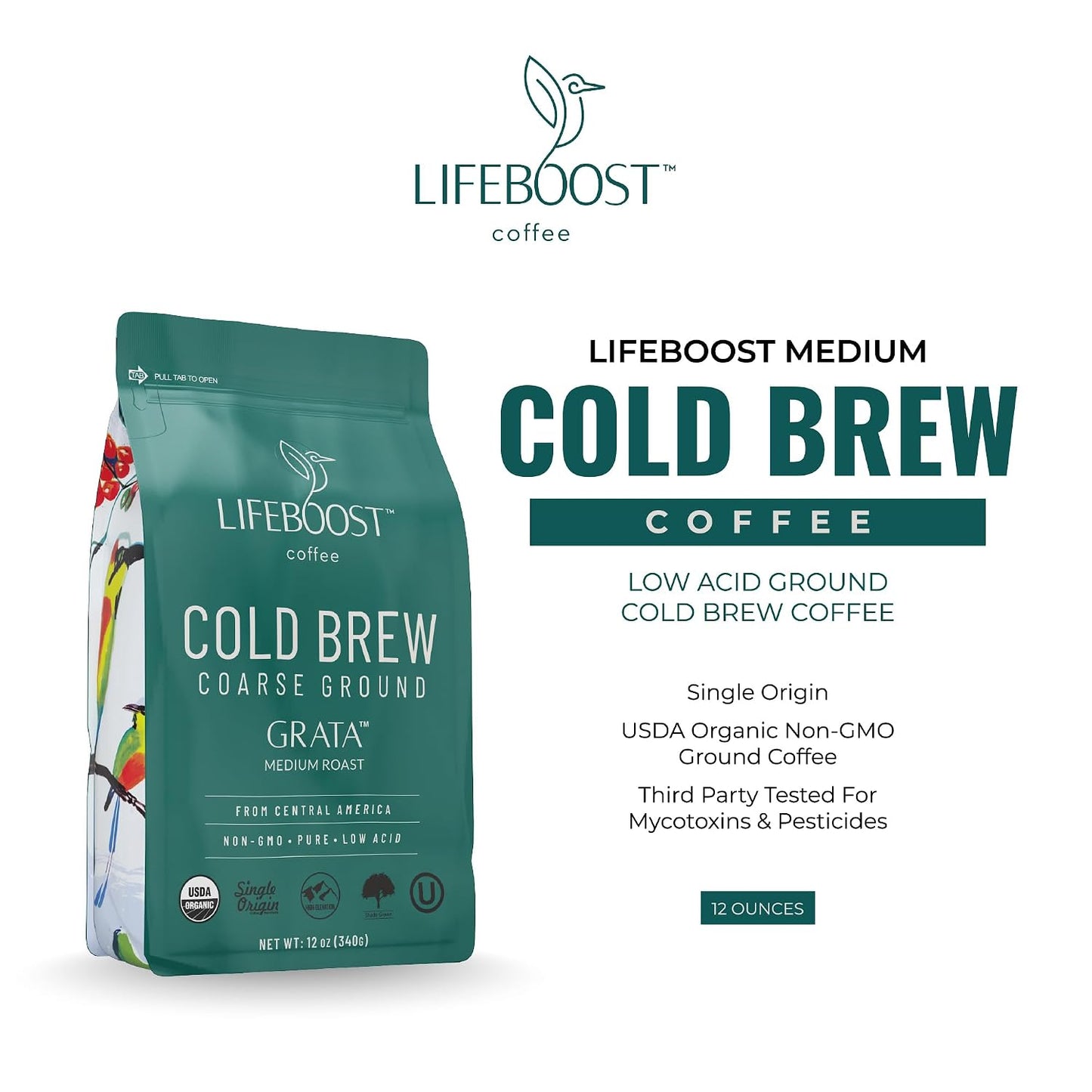 Lifeboost Low Acid Cold Brew Coffee, Organic Coarse Ground Medium Roast, 12 oz
