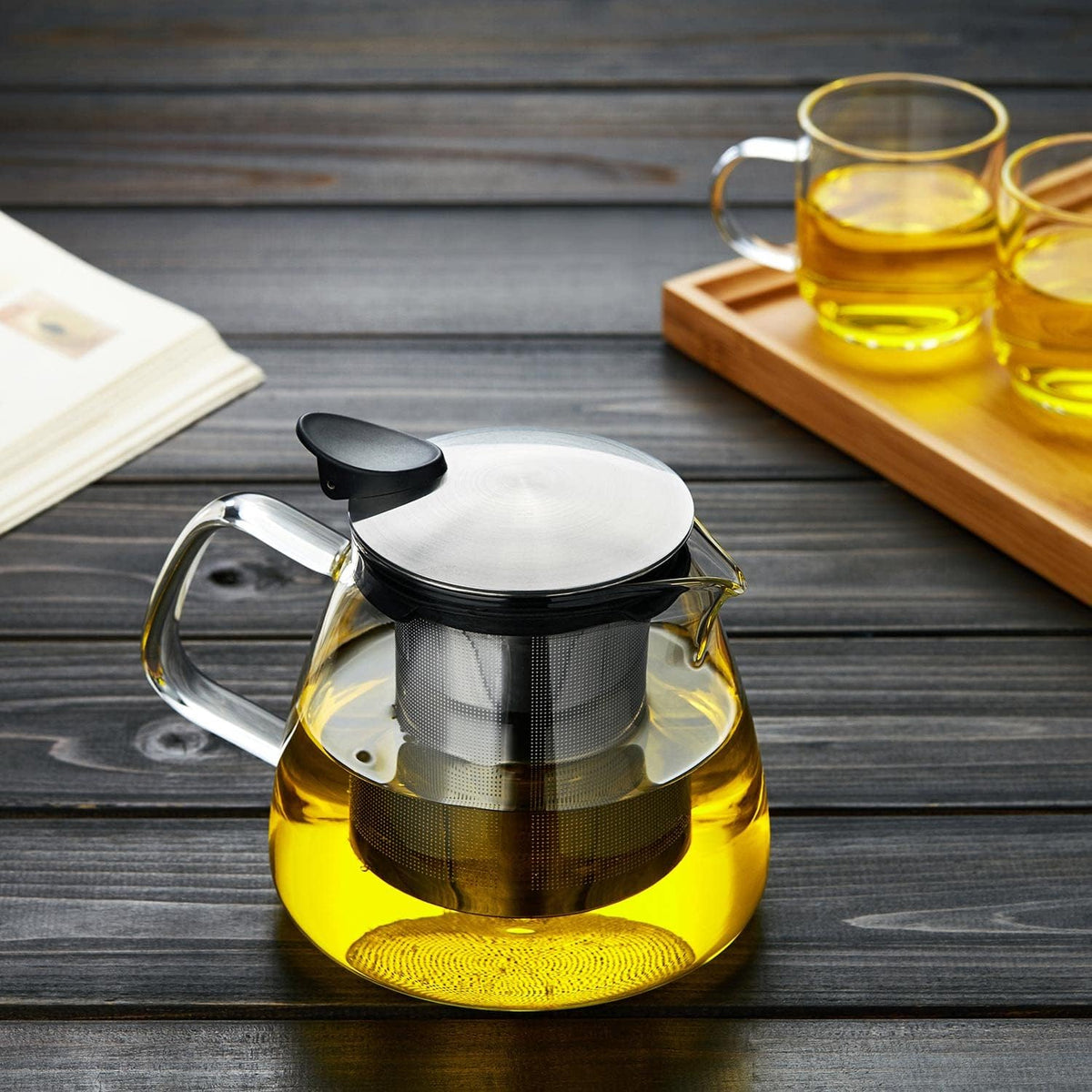 Glass Teapot Tea Pot with Removable Stainless Steel Infuser, 25oz / 760ml Borosilicate Glass Tea Kettle for Office Work, Fine Strainer for Loose Leaf Tea
