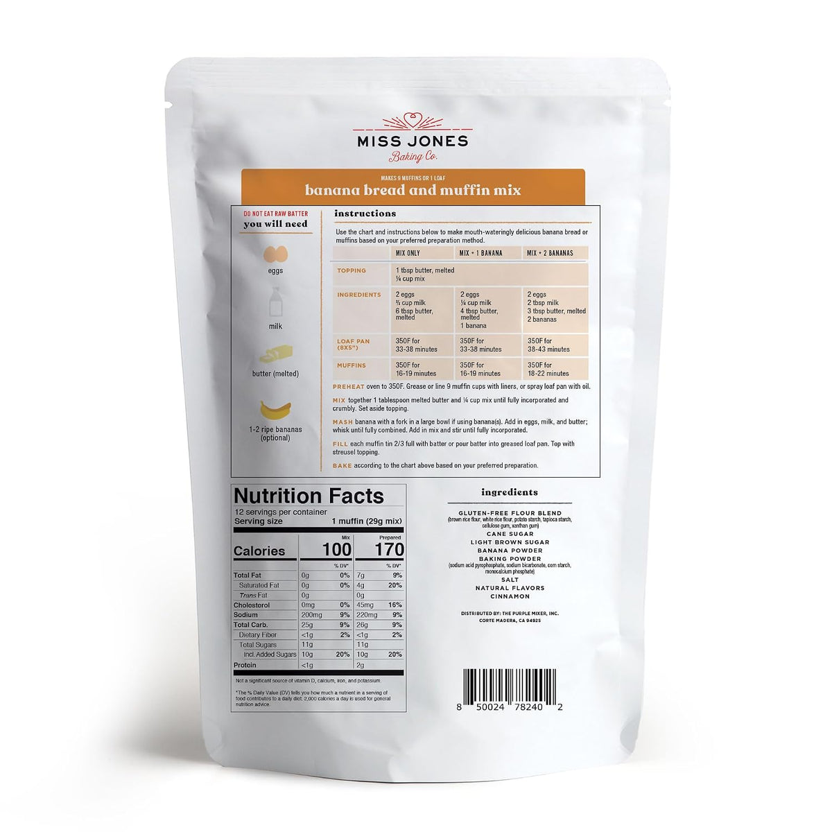 Miss Jones Baking Gluten Free Banana Bread & Muffin Mix - 50% Lower Sugar, Real Banana, Naturally Sweetened Desserts & Treats, 12.35 Ounce (Pack of 1)