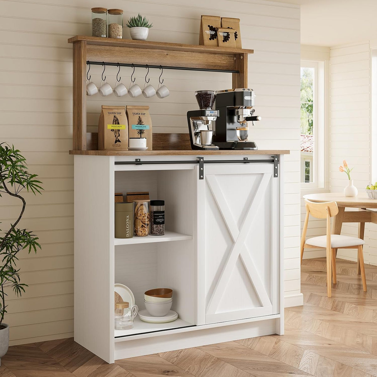 4ever2buy 31" Farmhouse Coffee Bar Cabinet with Storage Hutch, White