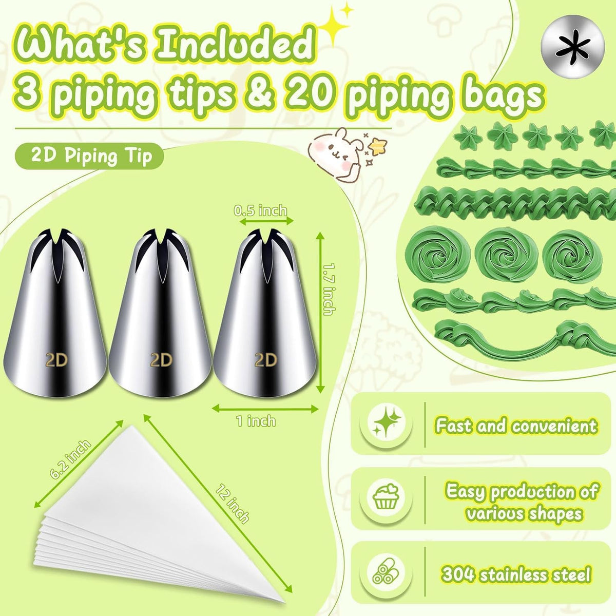 Hendiy 3pcs 2D Cake Piping Tips with 20 Piping Bags