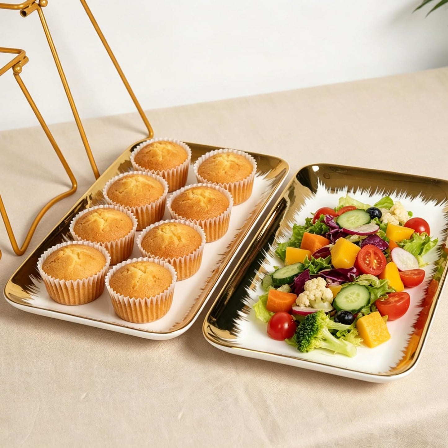 HAPPY KIT 3-Tier Porcelain Serving Tray 12in, Gold-Rimmed Combinable Rack | Freely Combinable Rack, Widened Porcelain Platters, Cupcake Stand Collapsible, Gold-Rimmed