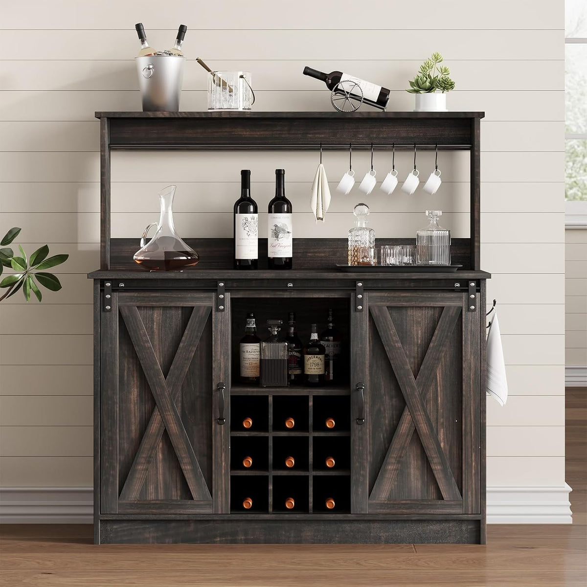 4ever2buy 47" Coffee Bar Cabinet with Storage Hutch & Wine Rack, Oak