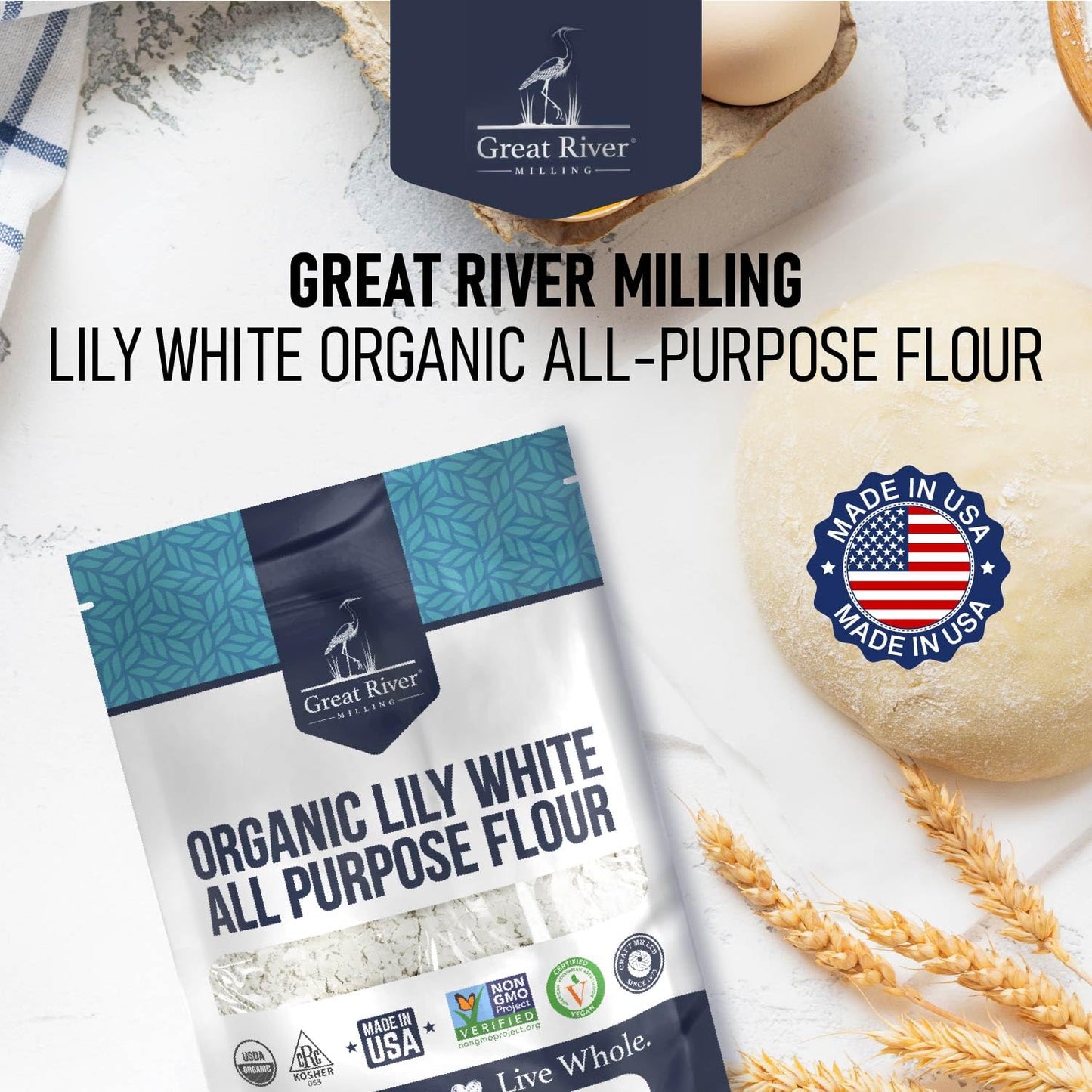 Great River Milling Organic Lily White All Purpose Flour, 5 lb | Organic Lily White All-Purpose Flour for cookies, cakes, muffins, biscuits, breads, pizza dough and pie crust; balanced