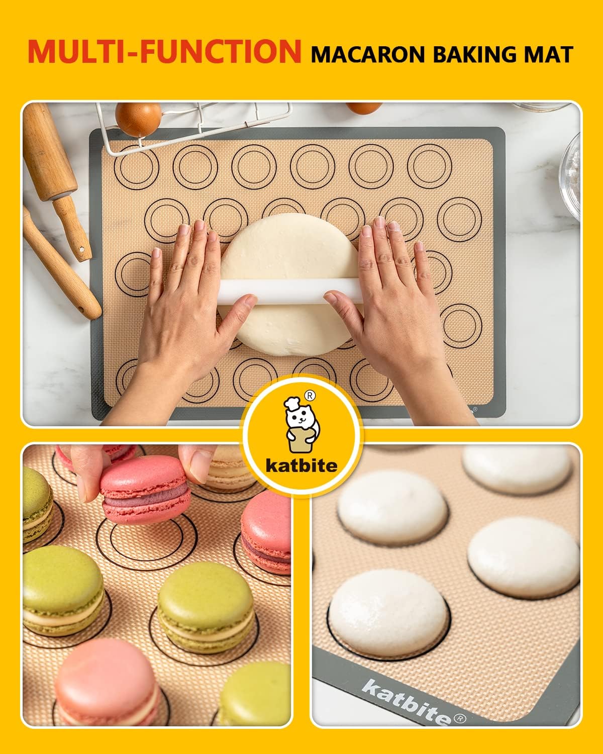 Macaron Silicone Baking Mats, Katbite Silicone Macaroons Baking Mat Set of 2 Half Sheet (11 5/8" x 16 1/2") Reusable & Nonstick Macarons Baking Supplies Silicone Bakeware Mats for Macarons Cookies