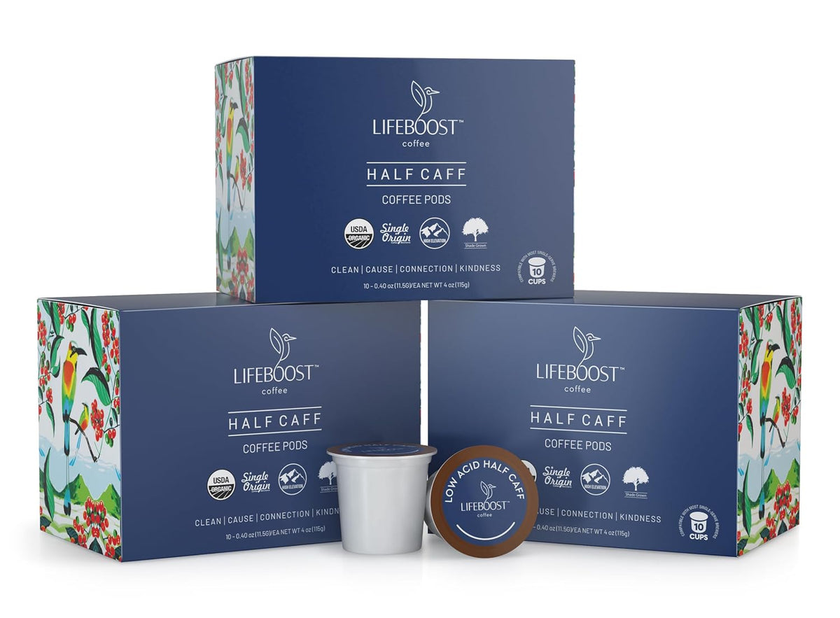 Lifeboost Half Caff Coffee K Cups - Low Acid Half Caff Coffee Pods - Non-GMO Mold Free Pods Compatible with Keurig & Keurig 2 - Third Party Tested for Mycotoxins and Pesticides - 10 Count