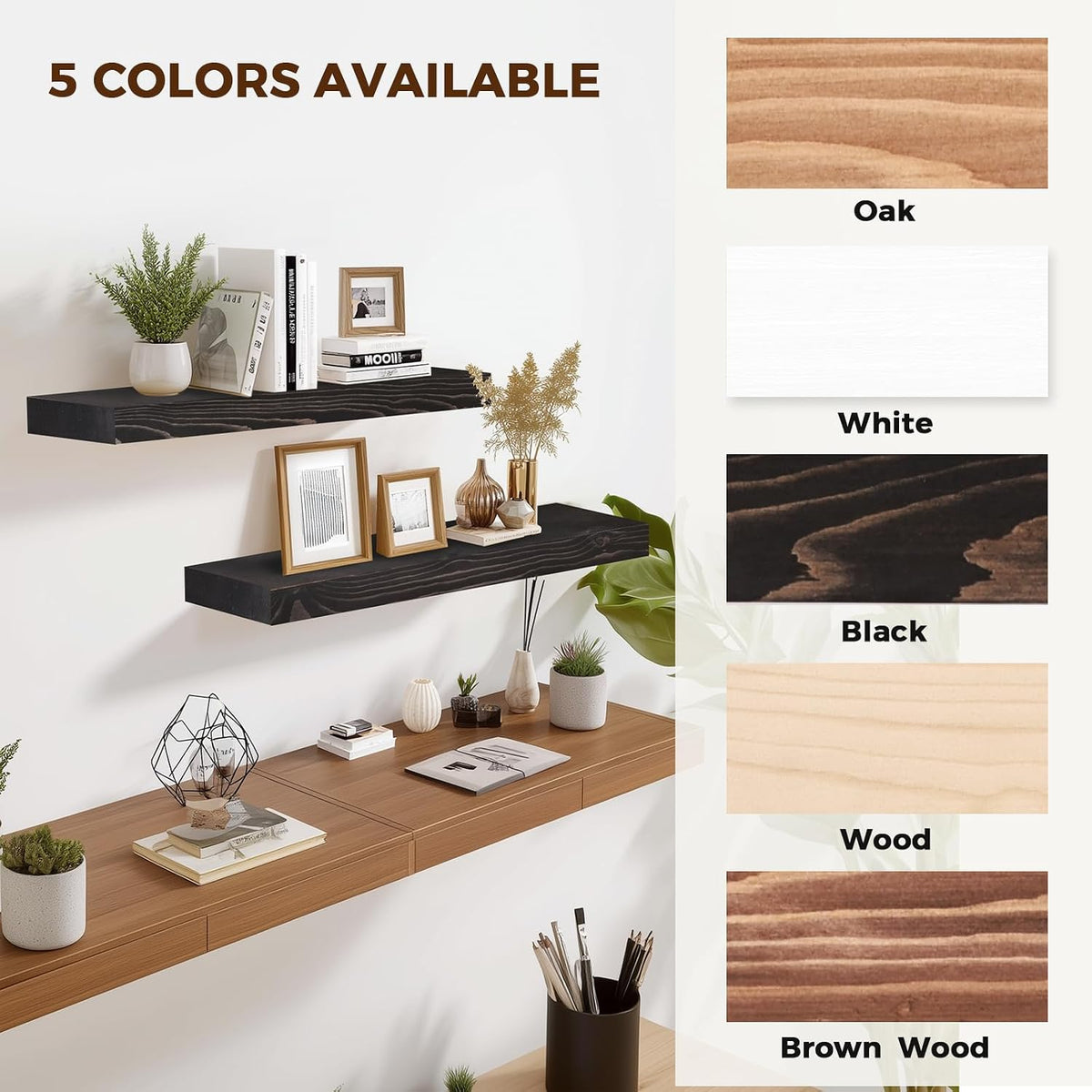Solid Wood Floating Shelves, 24 Inch Wall Shelves, Set of 2, Black
