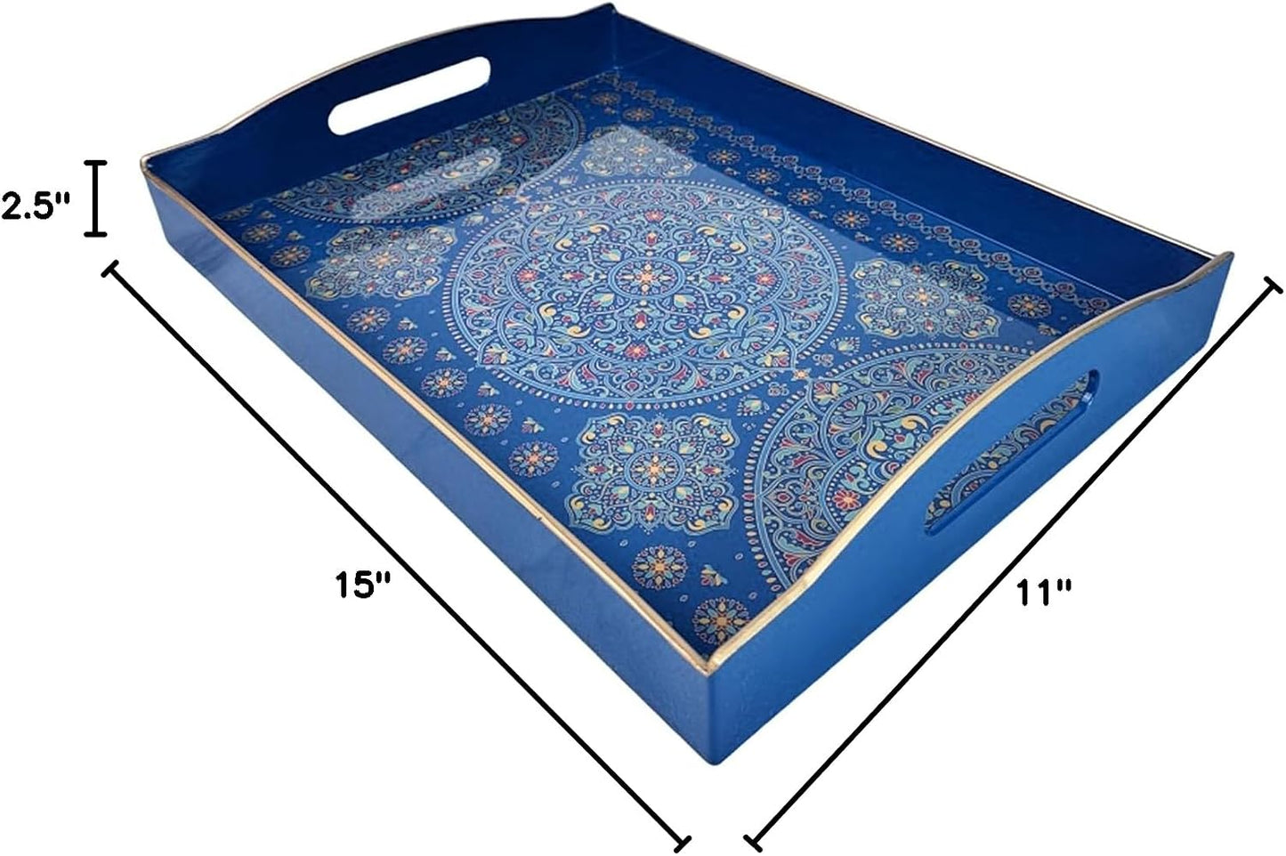 Boho Blue Decorative Tray, Serving Tray with Handles, Plastic Tray for Coffee Table, Ottoman - Ideal for Living Room & Bathroom. 15” x 11” x 2.5”