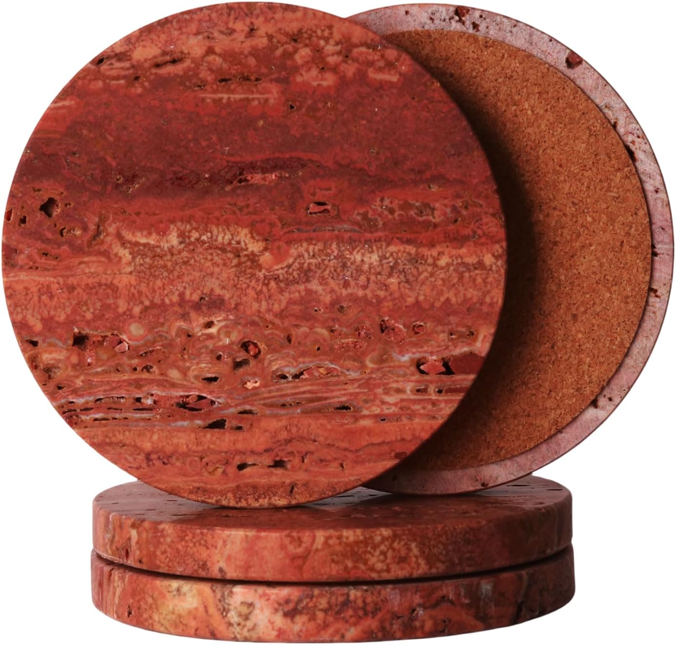 CASACOUTURE-Red Travertine-Stone-Coasters Set of 4-Round -4" Diameter Drink Coasters for Housewarmin