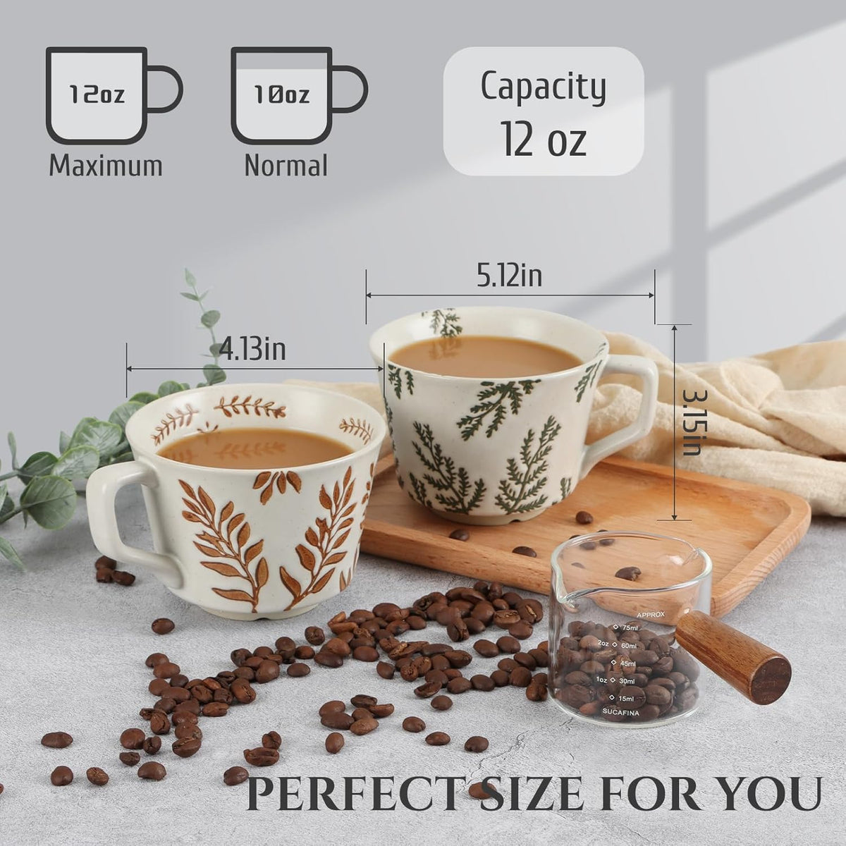 Ceramic Coffee Mug, 12 oz Novelty Unique Teacup with Large Handle, Stoneware Cup for Tea Mocha Latte Cappuccino Espresso (Ivy)