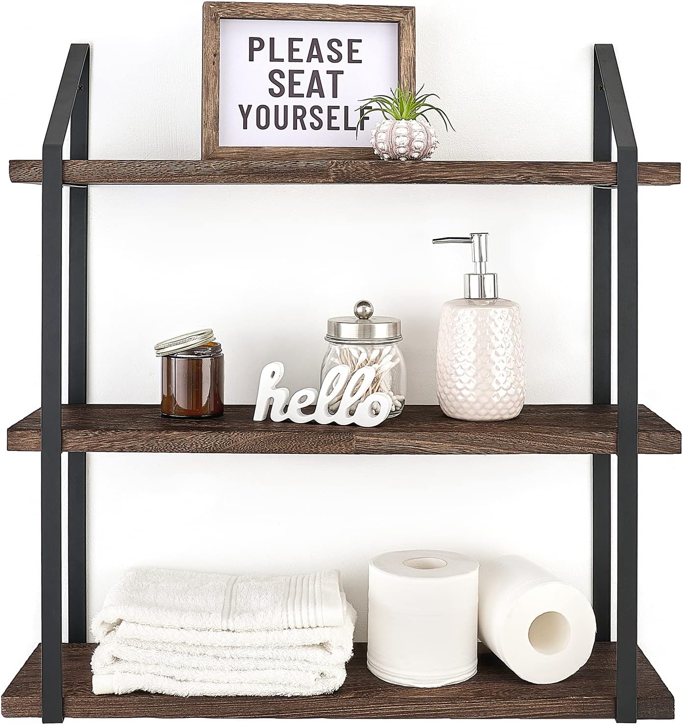 Mkono Floating Wall Shelf 3 Tier 23.5 Inch Rustic Wood Hanging Book Shelf Bathroom Mounted Shelving Storage Display Shelves for Living Room Bedroom Kitchen Office