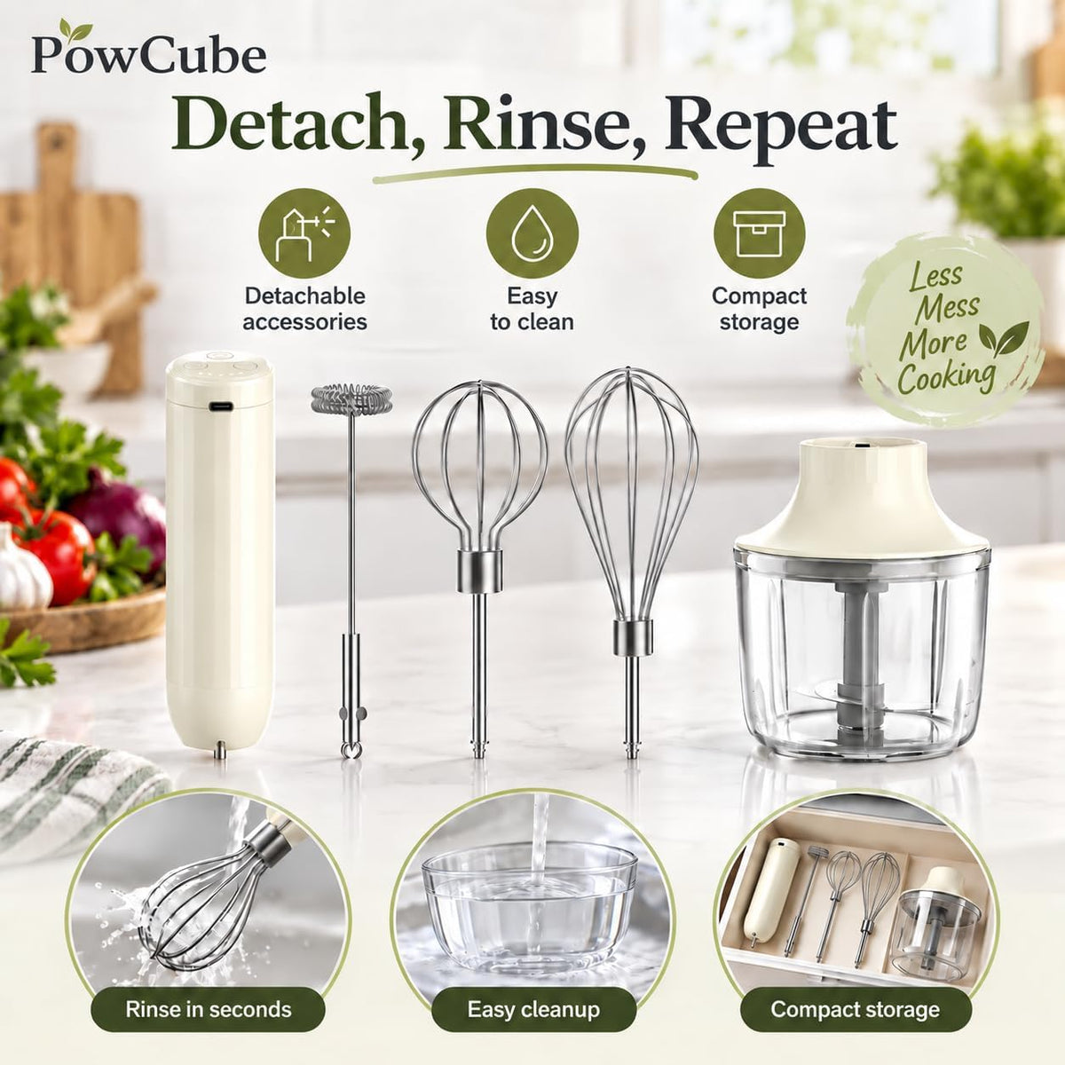 Cordless Hand Mixer, 4-in-1 Handheld Electric Mixer with Electric Whisk Frother & 10 oz Mini Food Chopper, USB-C Rechargeable 4-Speed Hand Mixer for Eggs, Cream, Coffee & Small-Batch Prep