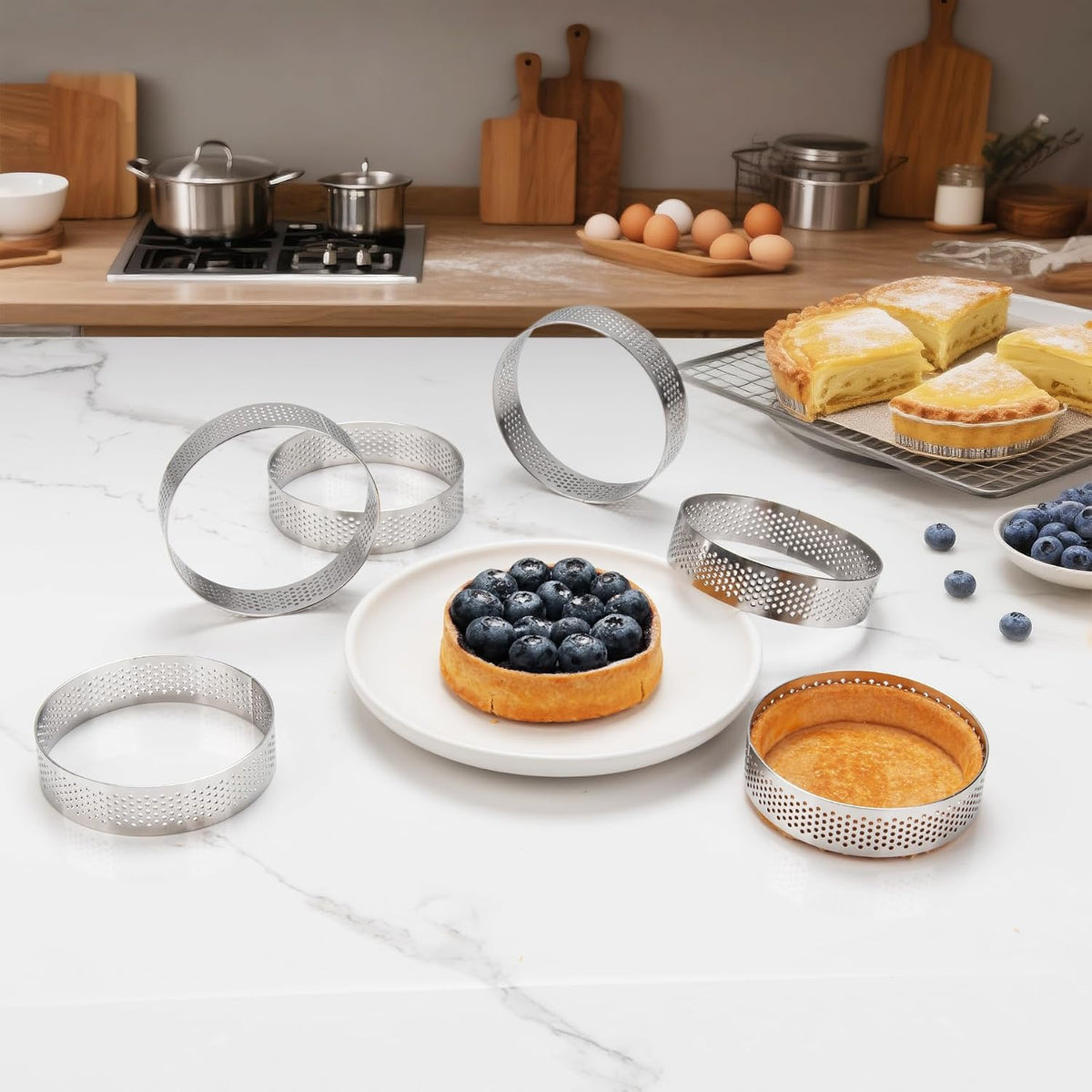 6pcs 304 Stainless Steel Round Tart Ring 3.15 inch Metal Perforated Cake Mold Pastry Molud for Circle Tartlet French Dessert Small Fruit Tarte Crust