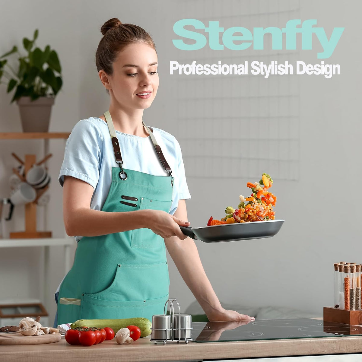 Kitchen Apron, Work Apron, Canvas, Multiple Pockets, Gardening, Painting, BBQ, Artist, Carpenter, Sizes M to XXL, Ice Blue