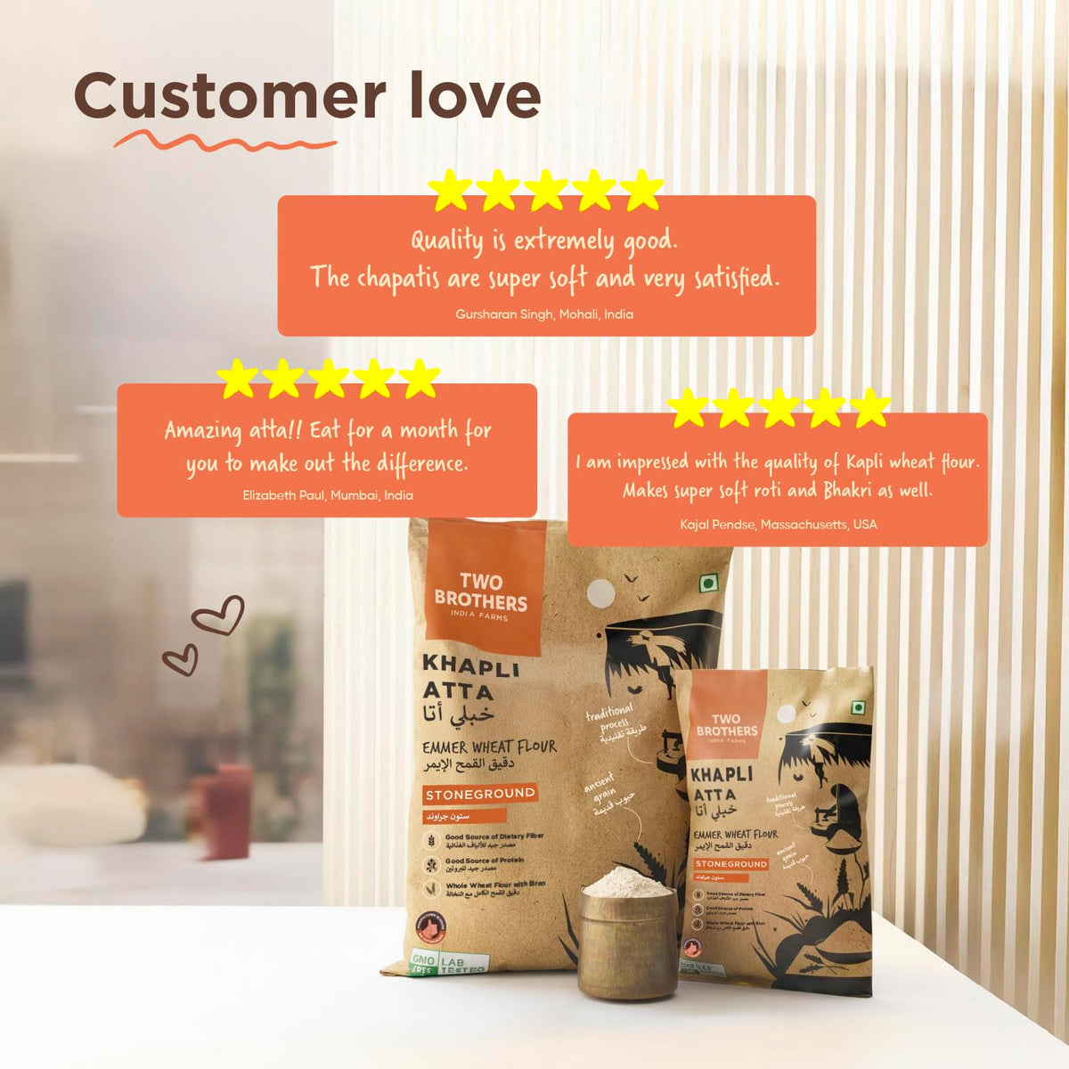 Two Brothers Organic Farms - Khapli Wheat Flour (5kg) | Low-Gluten Wheat Flour | High Dietary Fiber for Easy Digestion | Stoneground Emmer | Khapli Atta | Organic Atta (Pack of 1 kg x 5)