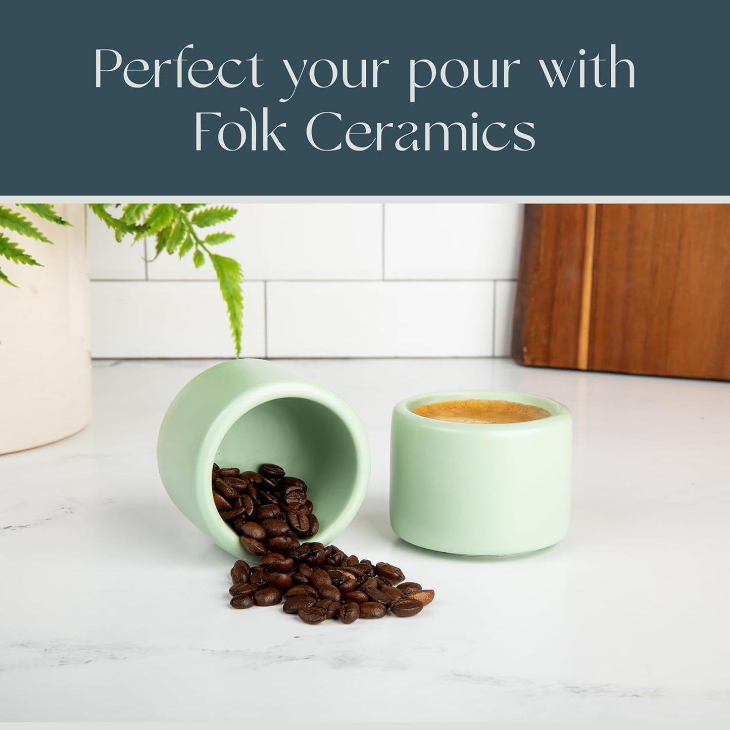 Folk Ceramics Leonard Ceramic Espresso Cups, Misty Green, 3oz, Set of 2 | Modern Stackable Demitasse Mugs, Double Walled, Handleless, Dishwasher & Microwave Safe