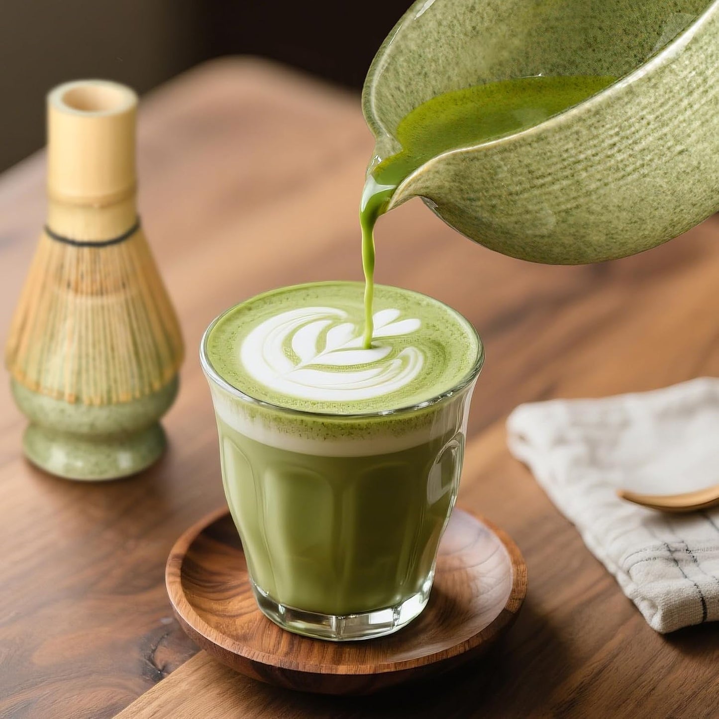 Matcha Whisk Set, Ceramic Bowl Matcha Kit & Handcrafted Bamboo Chasen | Complete 5 Pcs Matcha Set Whisk and Bowl, Stainless Steel Sifter, Bamboo Scoop & Holder for Matcha Lovers(Mottled Green)
