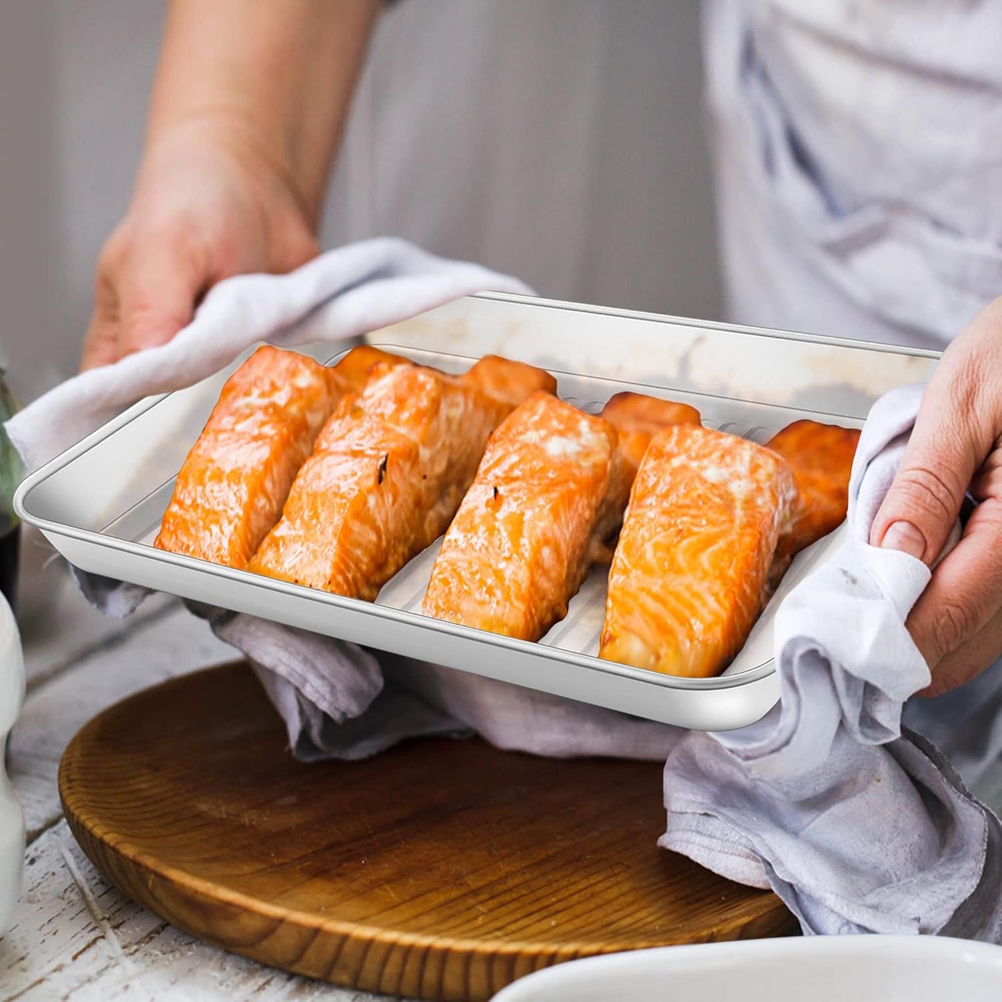 P&P CHEF Baking Pan with Wire Rack, Oven Sheet Tray, 9 x 7 x 1 Inch | Stainless Steel Bacon Pan with Cooling Rack for Cooking Roasting Cookie, Dishwasher Safe & Easy Clean,Heavy Duty & Healthy