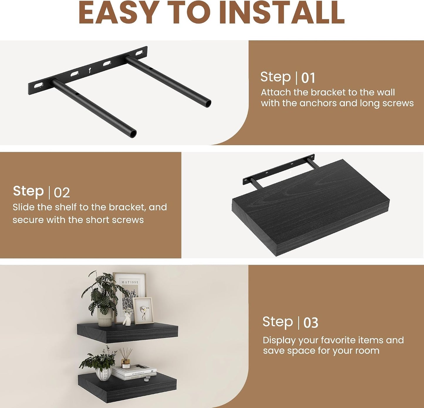 Floating Shelves for Wall, Real Wood Floating Shelf Set of 2, 8 Inch Deep Floating Shelves, Rustic Wood Wall Shelf for Home Decor, Deep Storage Shelves for Bathroom, Kitchen, 16"W x 8"D, Black Color