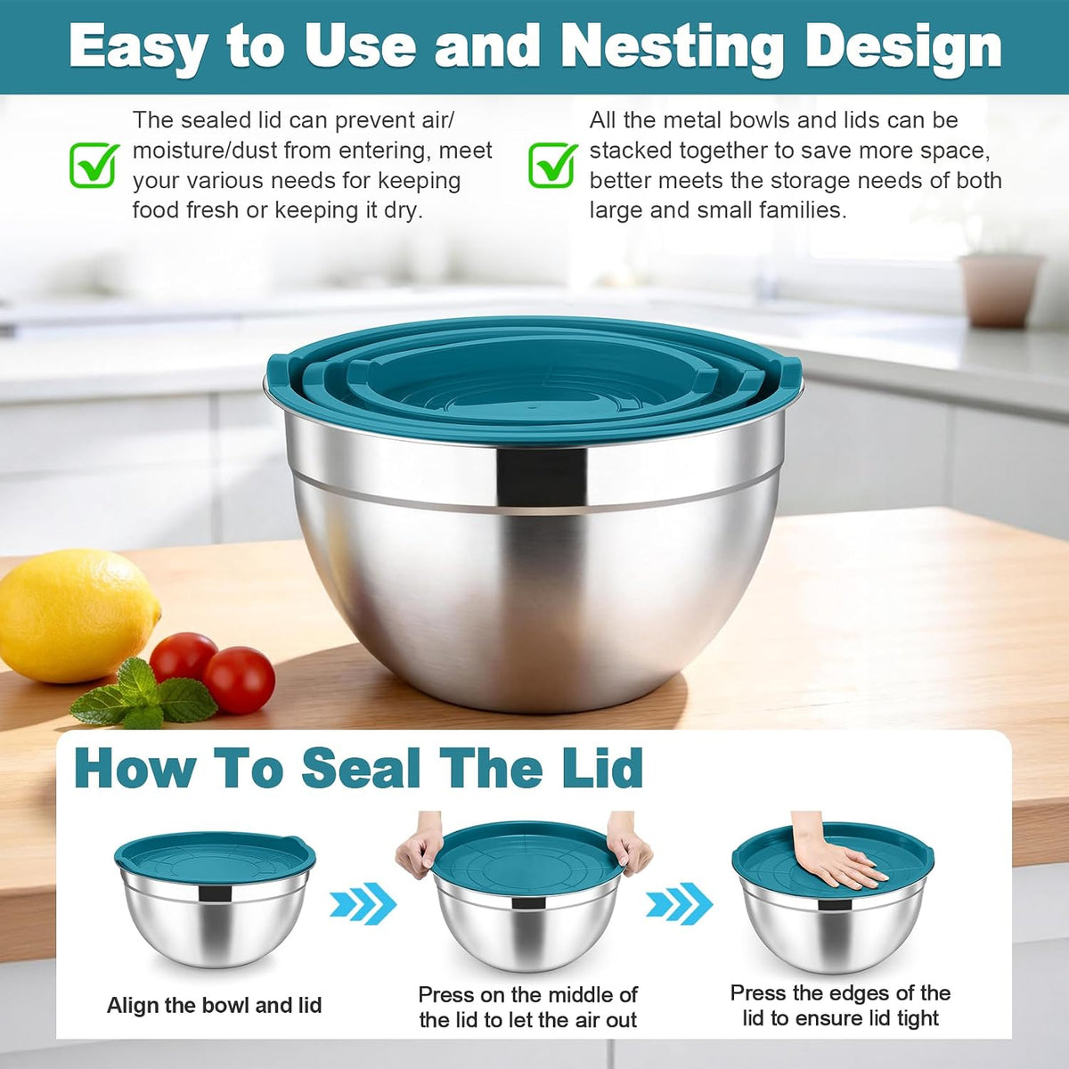 TeamFar Mixing Bowls, Stainless Steel Nesting Salad Bowls & Airtight Lids