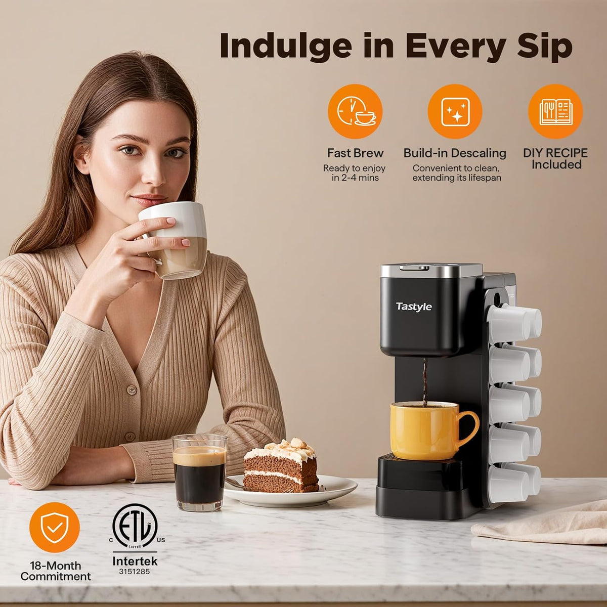 Tastyle Hot & Iced Coffee Maker with Magnetic K-Pod Holder, Fits 7.3'' Mug