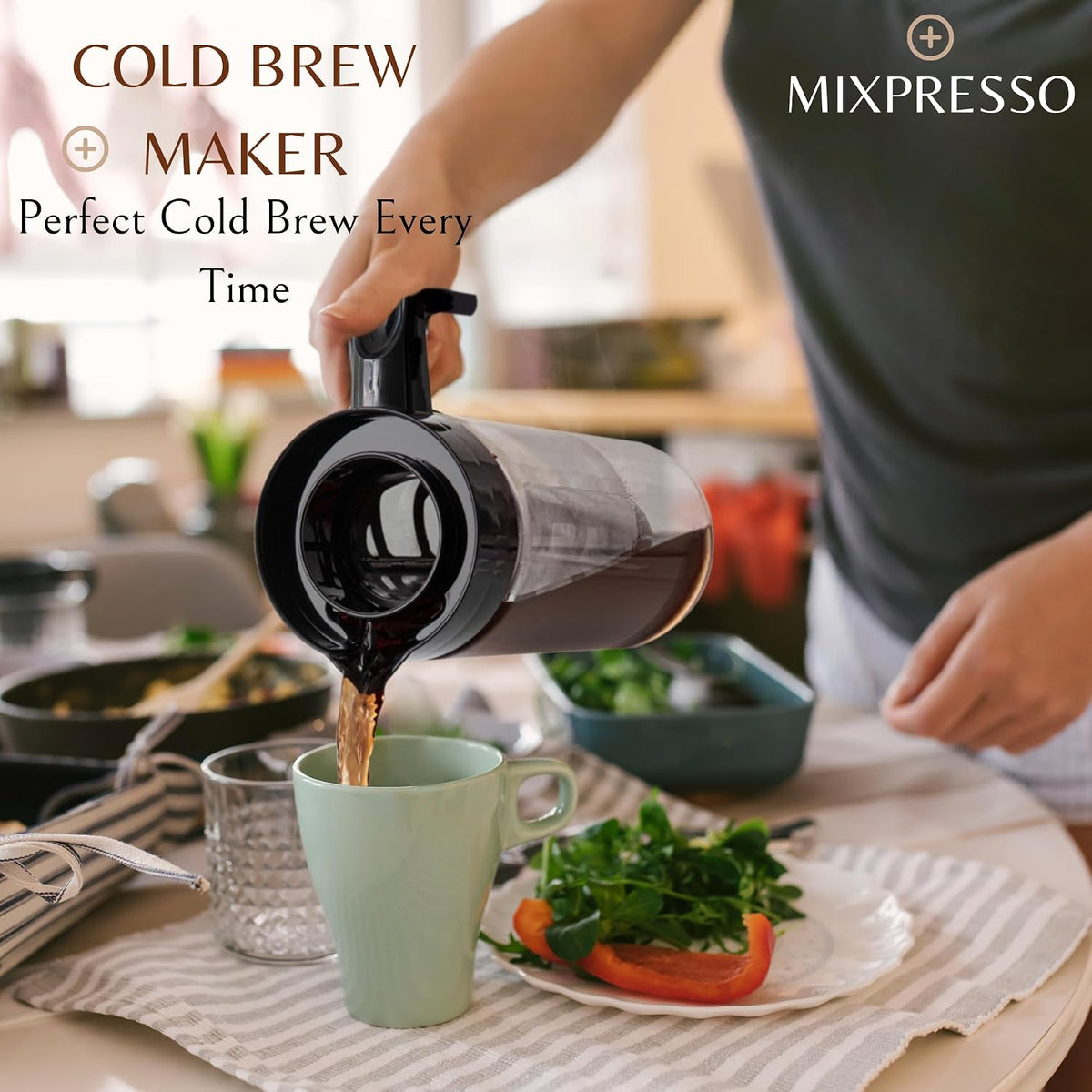 Mixpresso Cold Brew Coffee Maker, 44 Oz Glass Cold Brew Pitcher with Filter | Iced Coffee & Tea Maker with Reusable Mesh Filter, Glass Pitcher for Loose Leaf Tea Easy to Clean and Designed for the Fridge