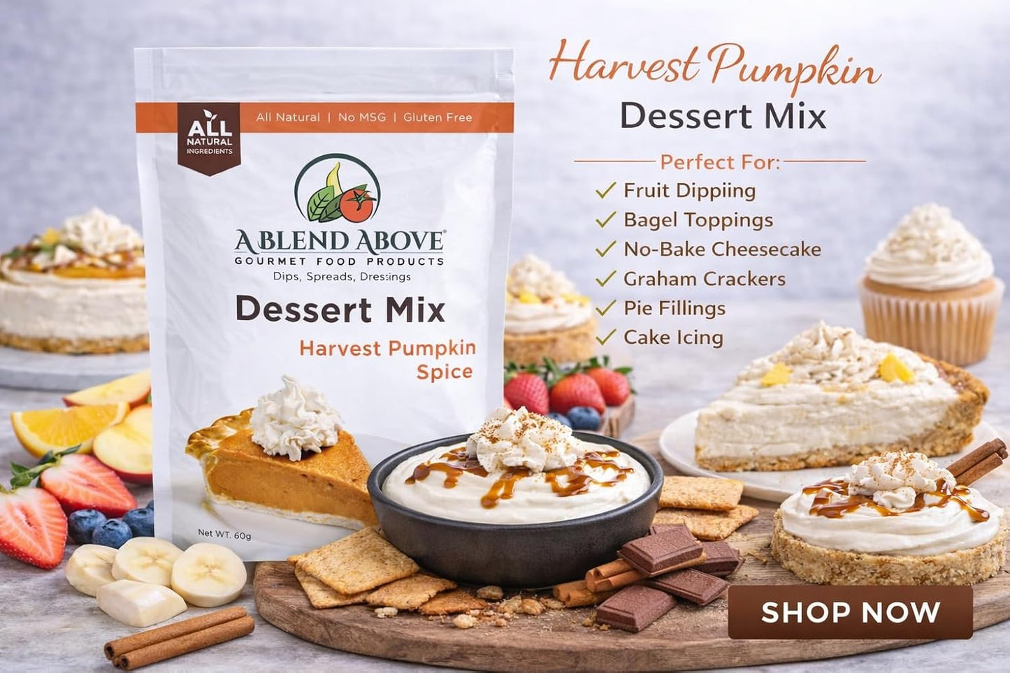 A Blend Above Harvest Pumpkin No-Bake Dessert Mix, 3 Pack, No-Bake Cheesecake, Fruit Dip, Dessert Mix, Bagel Topping, Frosting, Cheesecake Filling, Quick and Easy to Make, Makes 16 Ounces, Cream
