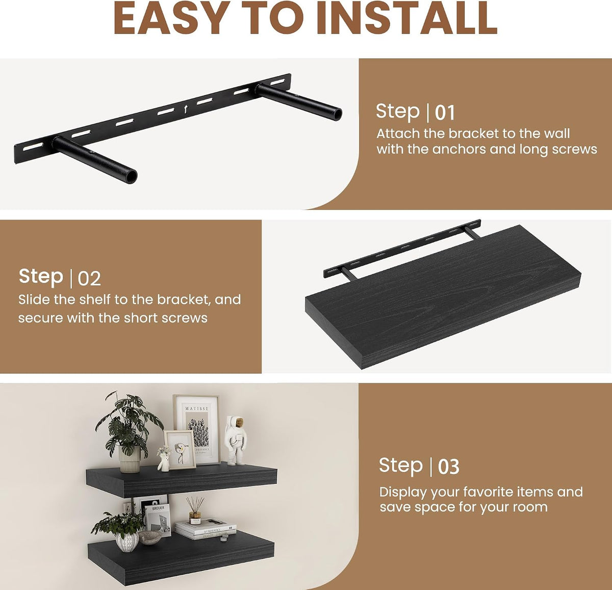 Black Floating Shelves 24 Inch Long, 9.3 Inch Deep Floating Shelves for Wall, Rustic Solid Wood Shelves, Deep Wall Shelves for Living Room, Bedroom, Kitchen, 24"W x 9.3"D x 1.6"H, Set of 2