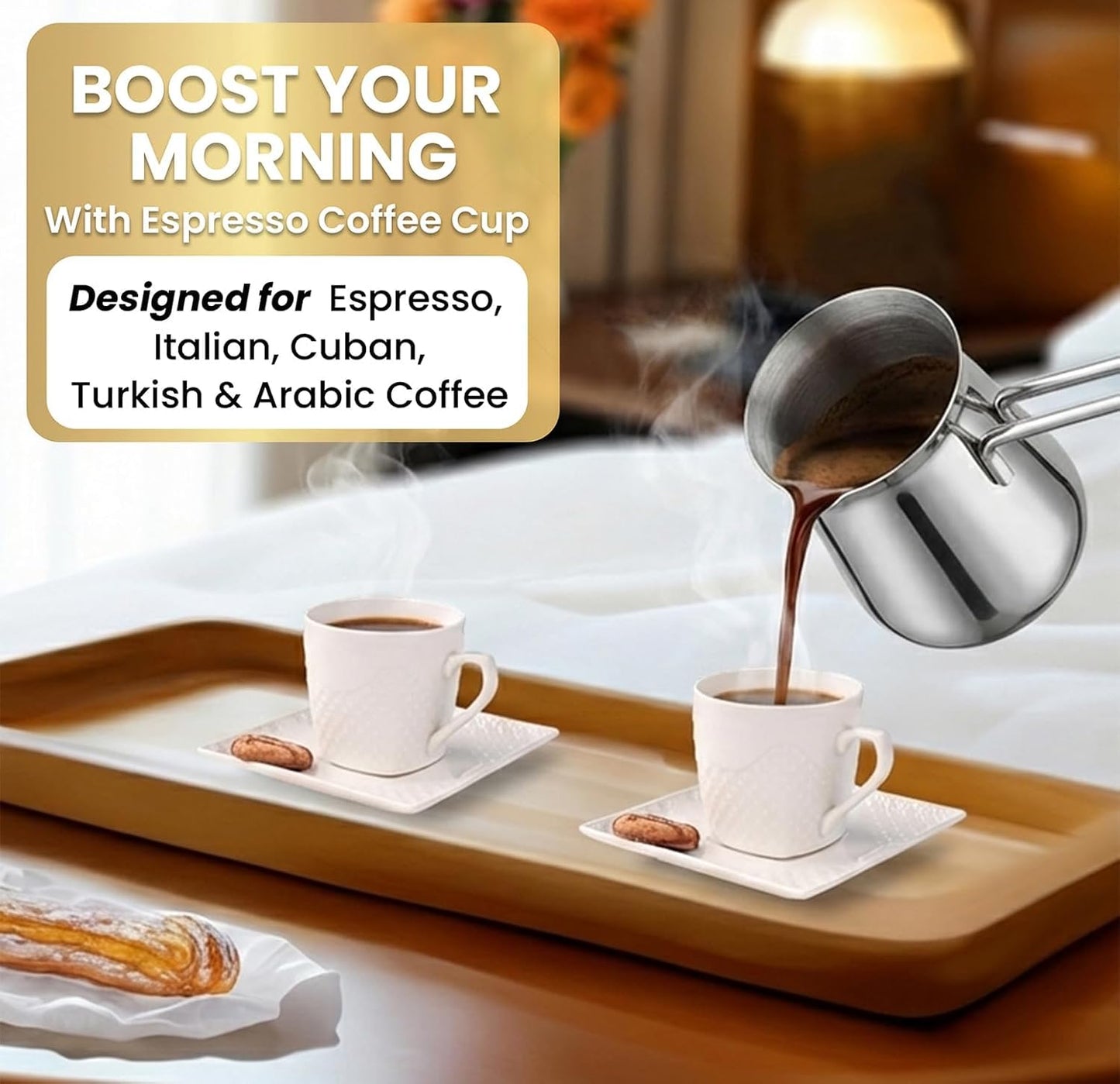 FUOCCI Turkish Coffee Cup Set of 6, Espresso Cups & Saucer, 3 oz Porcelain