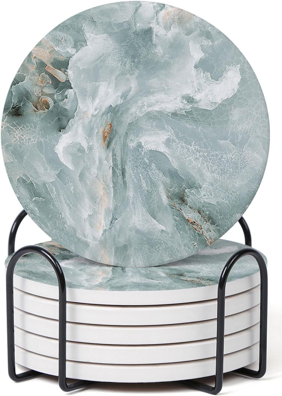 Set of 6 Abstract Marble Coasters with Holder, Absorbent Ceramic Coasters for Drinks, Coasters with
