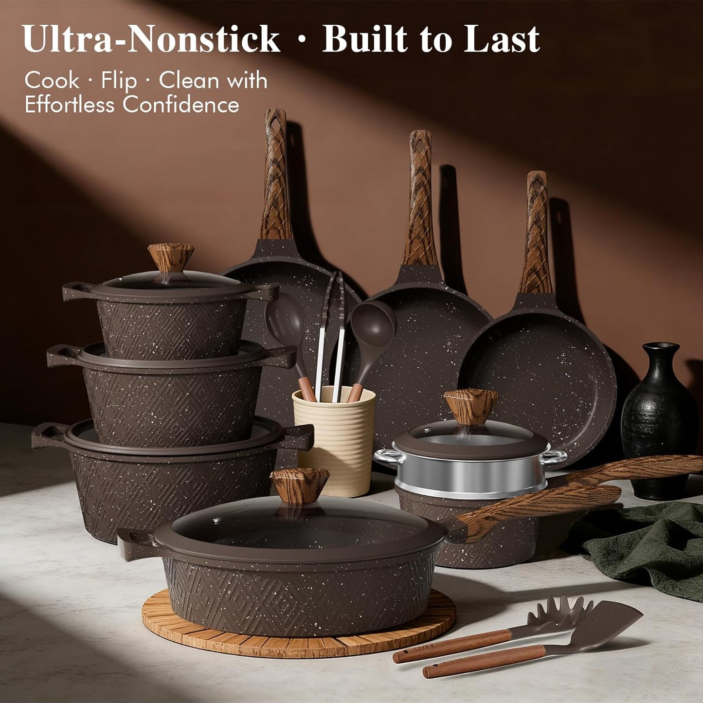 Umite Chef 26PCS Pots and Pans Set Non Stick, Nonstick Cookware Sets, Induction Cook Ware, Includes Steamer & Silicone U