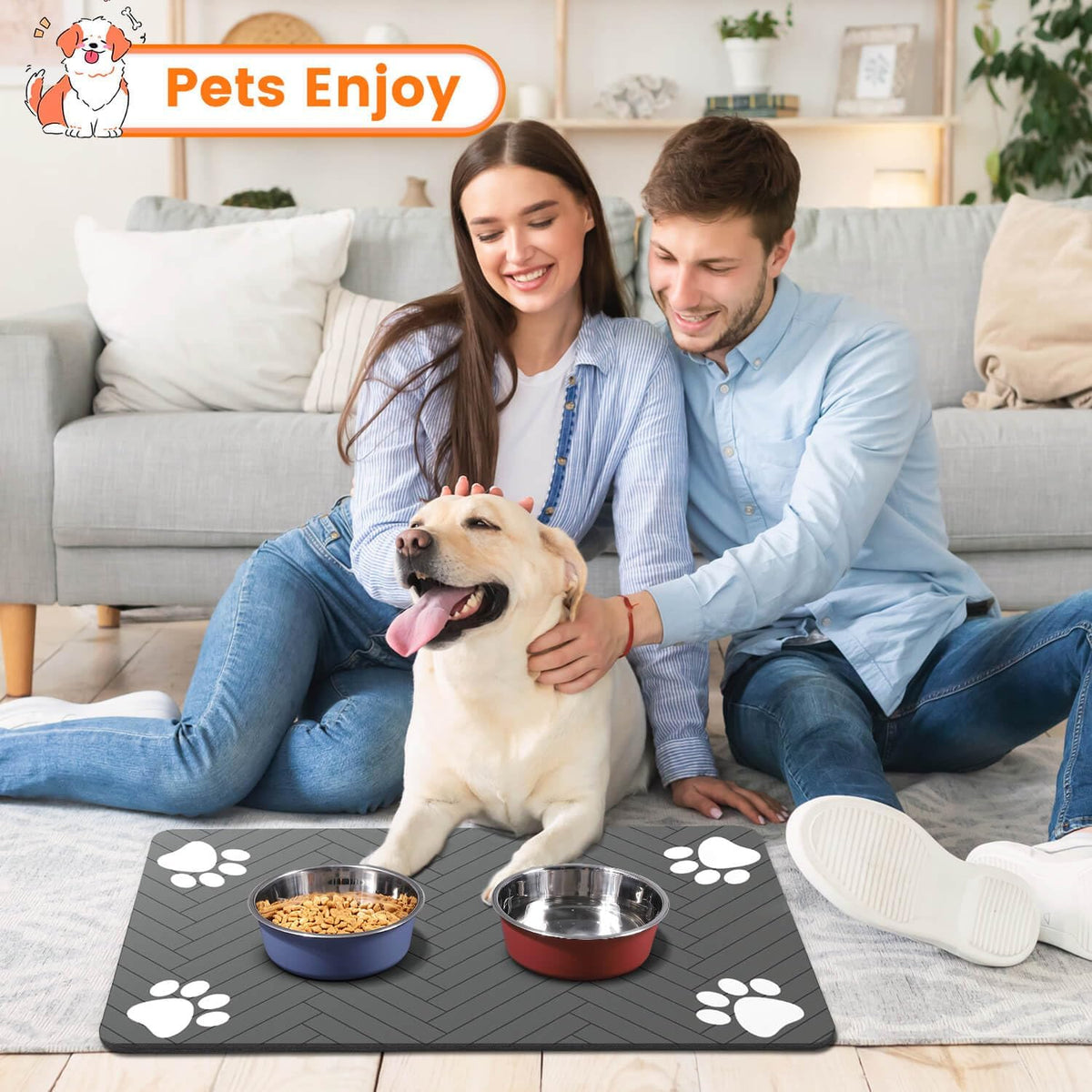 Pet Feeding Mat-Absorbent Pet Placemat for Food and Water Bowl, with Waterproof Rubber Backing, Quick Dry Water Dispenser Mat for Dog and Cat (24"x16", Beige)