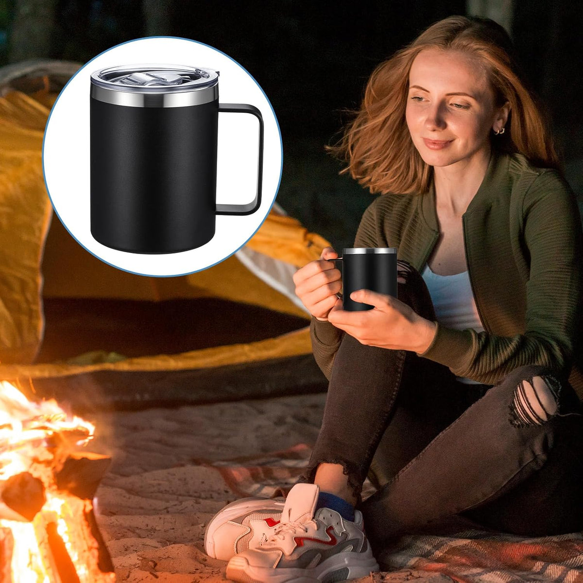 12 oz Insulated Coffee Mug Bulk with Handle, Stainless Steel Travel Coffee Mug with Lid, Double Wall Vacuum Metal Coffee Cup, Coffee Tumbler Powder Coated, Black 4 Pack