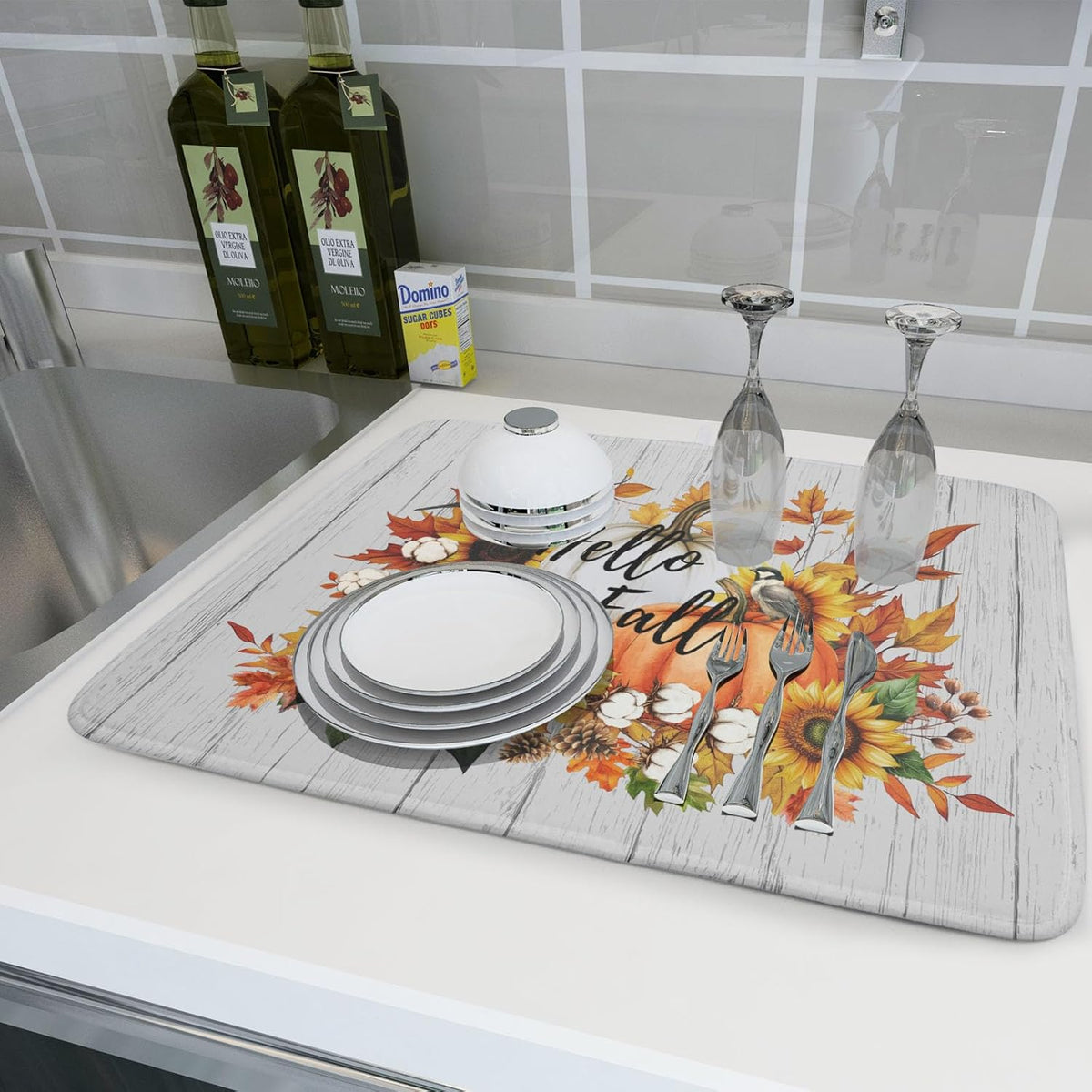 Hello Fall Sunflowers Dish Drying Mat for Kitchen Counter,Autumn Pumpkin Maple Leaves Drying Mat 18 x 24 Inch with High
