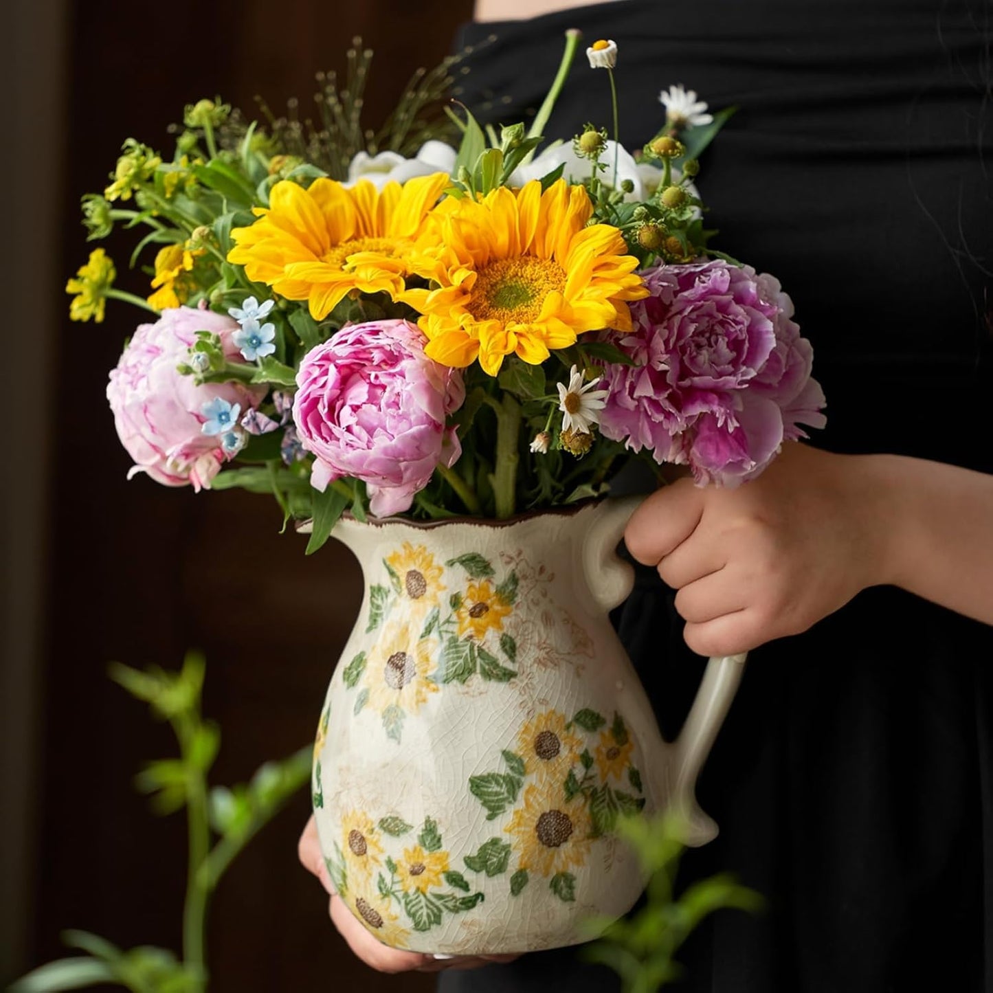 Vintage Vase with Handle, 6 Inch Ceramic Pitcher Sunflower Floral Vase, Rustic Farmhouse Vases for G