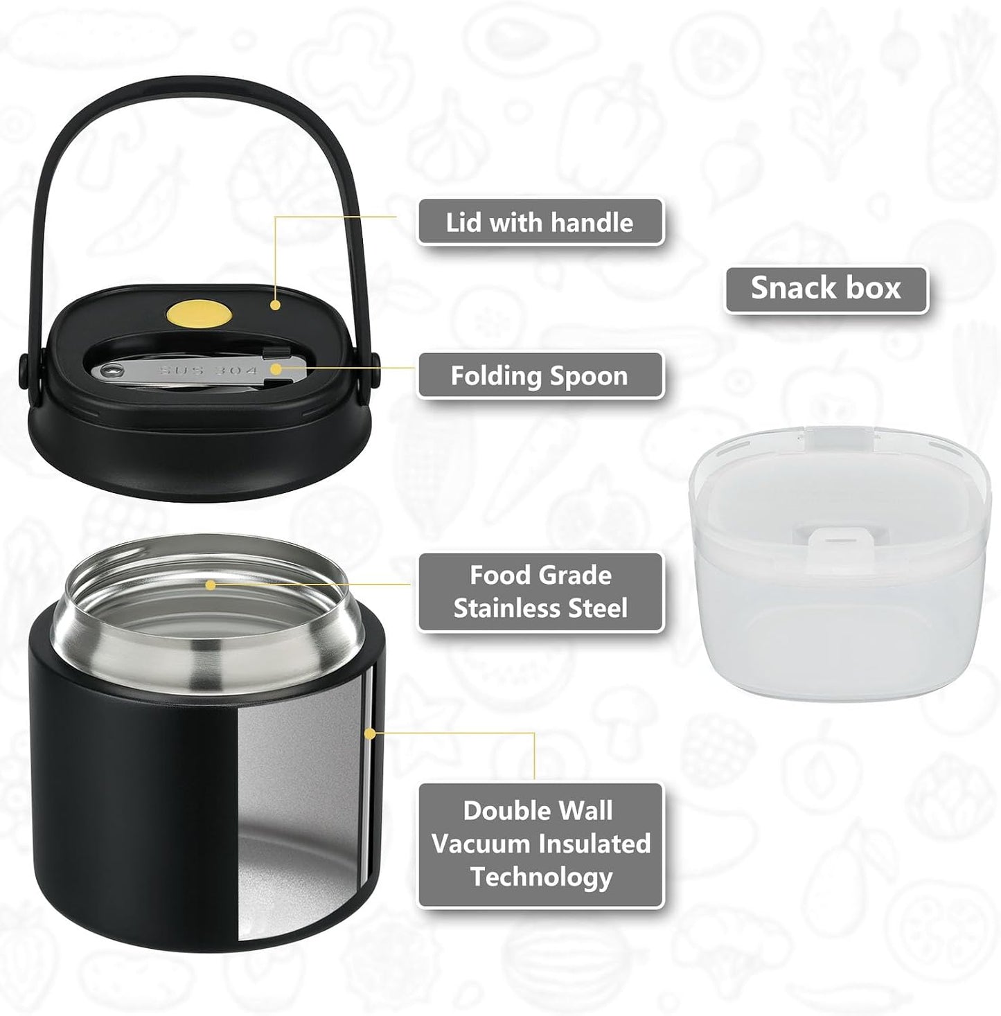 14 oz Soup Thermo for Hot Food with 7 oz Snack Container, Leak-Proof Insulated Lunch Container Kids and Adults, Stainless Steel Double Wall Vacuum Wide-mouth Thermal with Spoon and Handle-Black