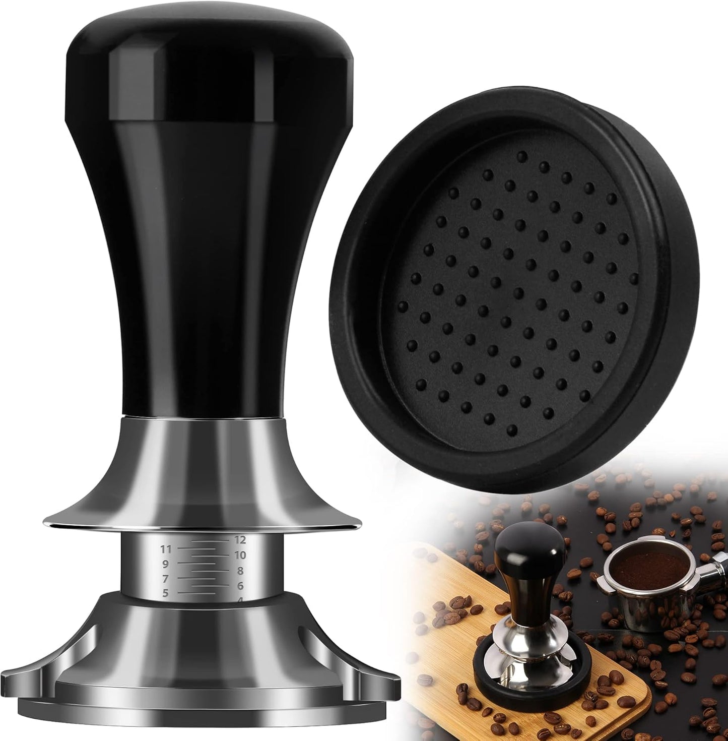 Newest 58mm Espresso Coffee Tamper Adjustable Height with Scale, 30lbs Springs Tamping Strength, Sta