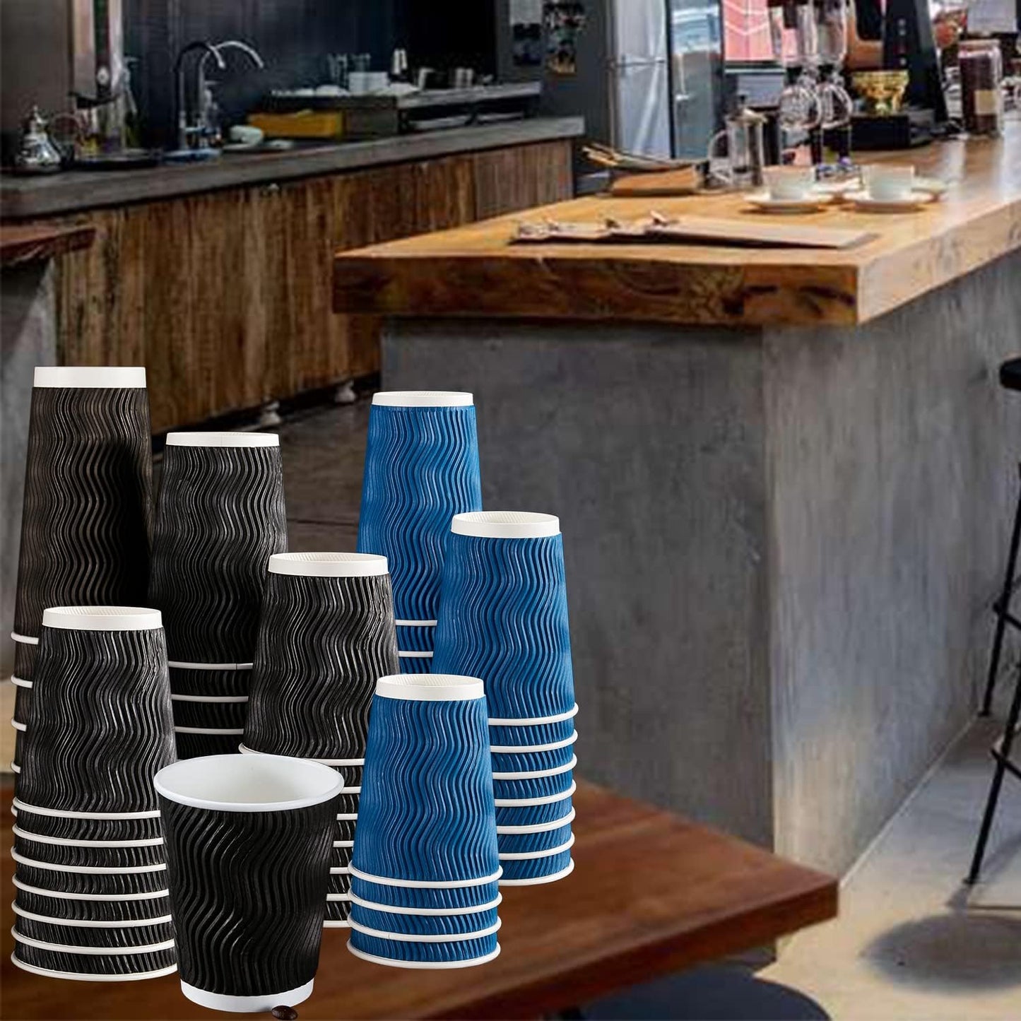 Lamosi 120 Pack 8 oz Disposable Coffee Cups, Insulated Corrugated Paper Cups, Kraft Ripple Wall Cups for Hot Beverage or Cold Drinks Office/Home/Party/Travel/Cafe (Navy)