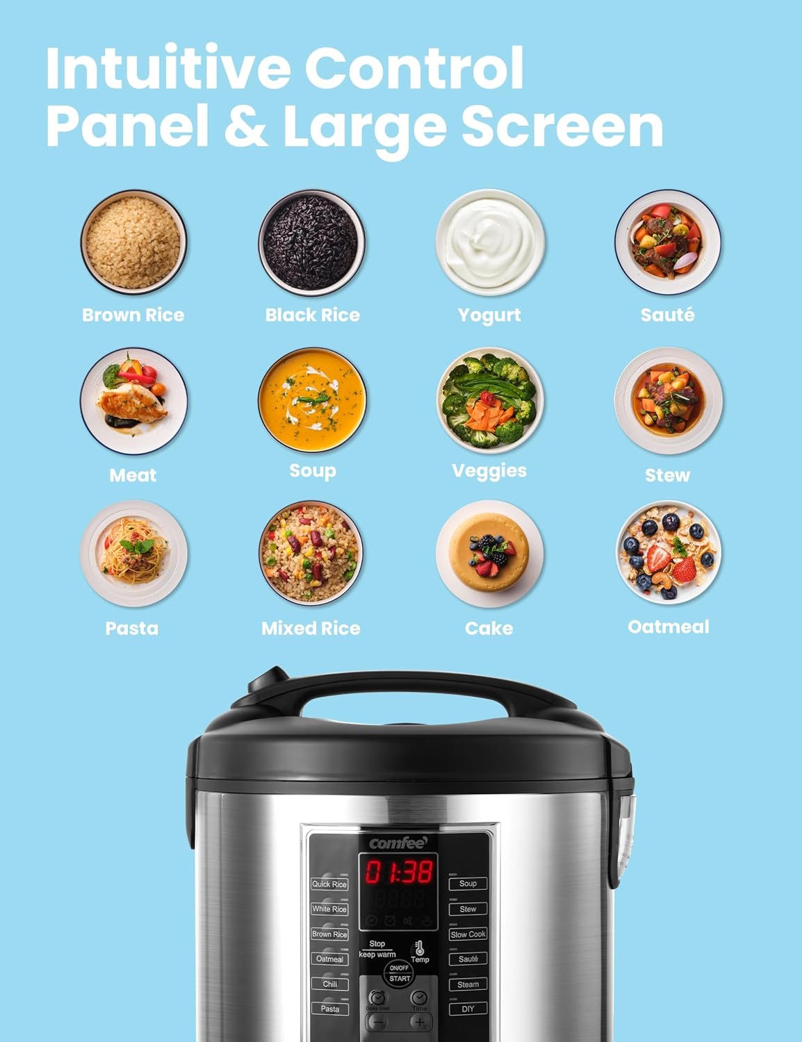 COMFEE' Rice Cooker, Slow Cooker, Steamer, Stewpot, Sauté All in One (12 Digital Cooking Programs) Multi Cooker (5.2Qt ) Large Capacity. 24 Hours Preset & Instant Keep Warm, Black/Silver (MB-M25)